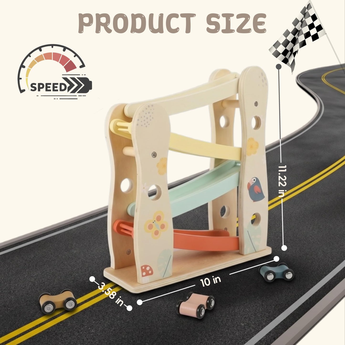 Freniland Wooden Car Ramp Toy with Cars, Toddler Race Track Set, Montessori Toys for 1-3 Year Old Boys Girls, Car Toys for Toddlers Age 18+ Months