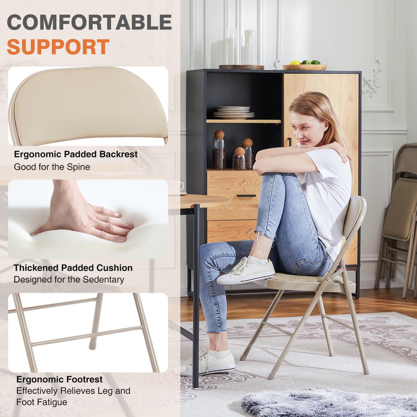 Sweetcrispy Folding Chair 8 Pack, Leather Padded Folding Chairs, Sturdy Metal Foldable Chairs, Easy to Use and Store, Outdoor and Indoor, for Home, Office, Party, Comfy, Kahki