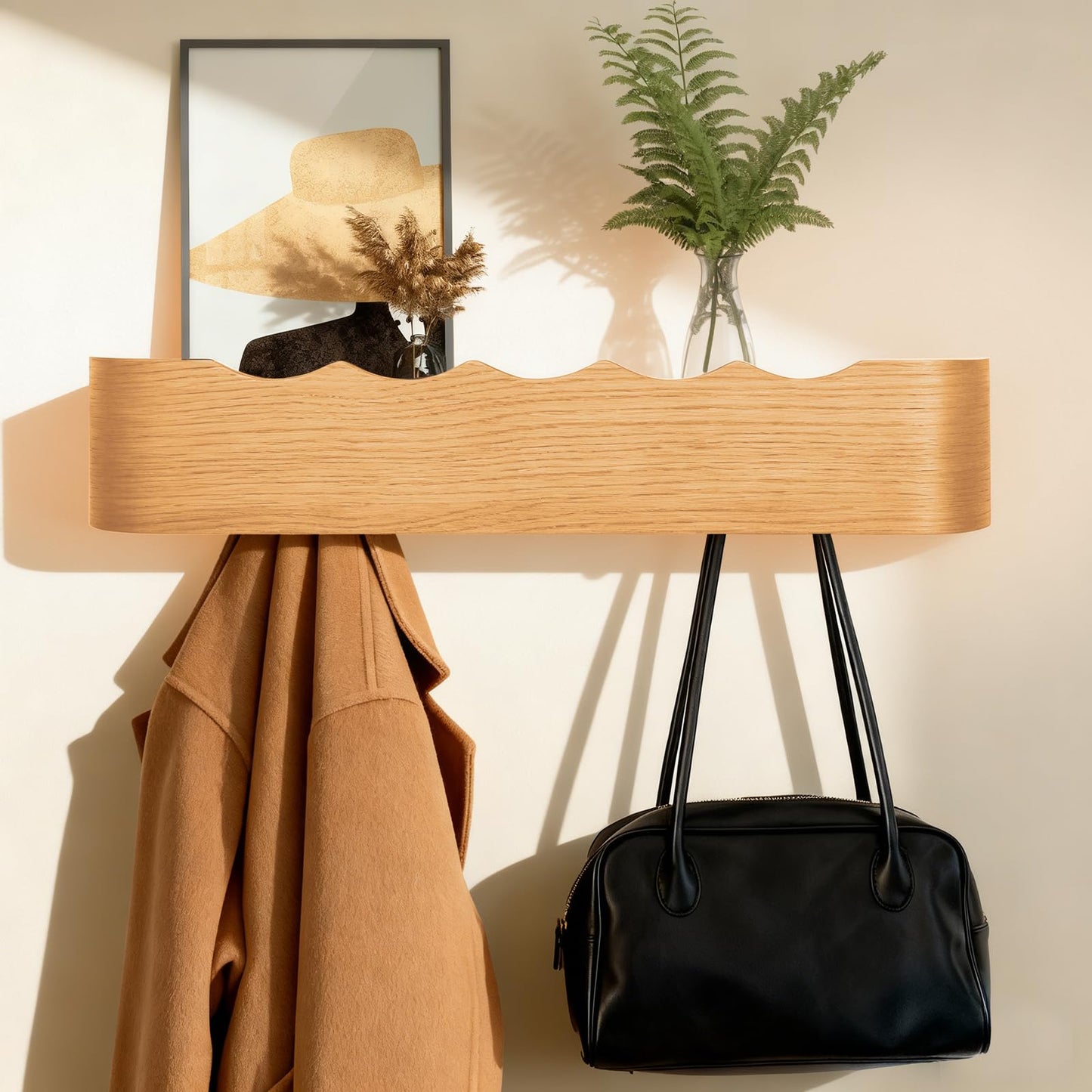 Coat Rack Wall Mount with Shelf Entryway Shelf Modern Key Holder Hanger Wall Shelves with Hidden Hooks for Hanging Towels Coats Hats Bags for Hallway Bathroom Bedroom(Wavy Oak, 5 Hooks)