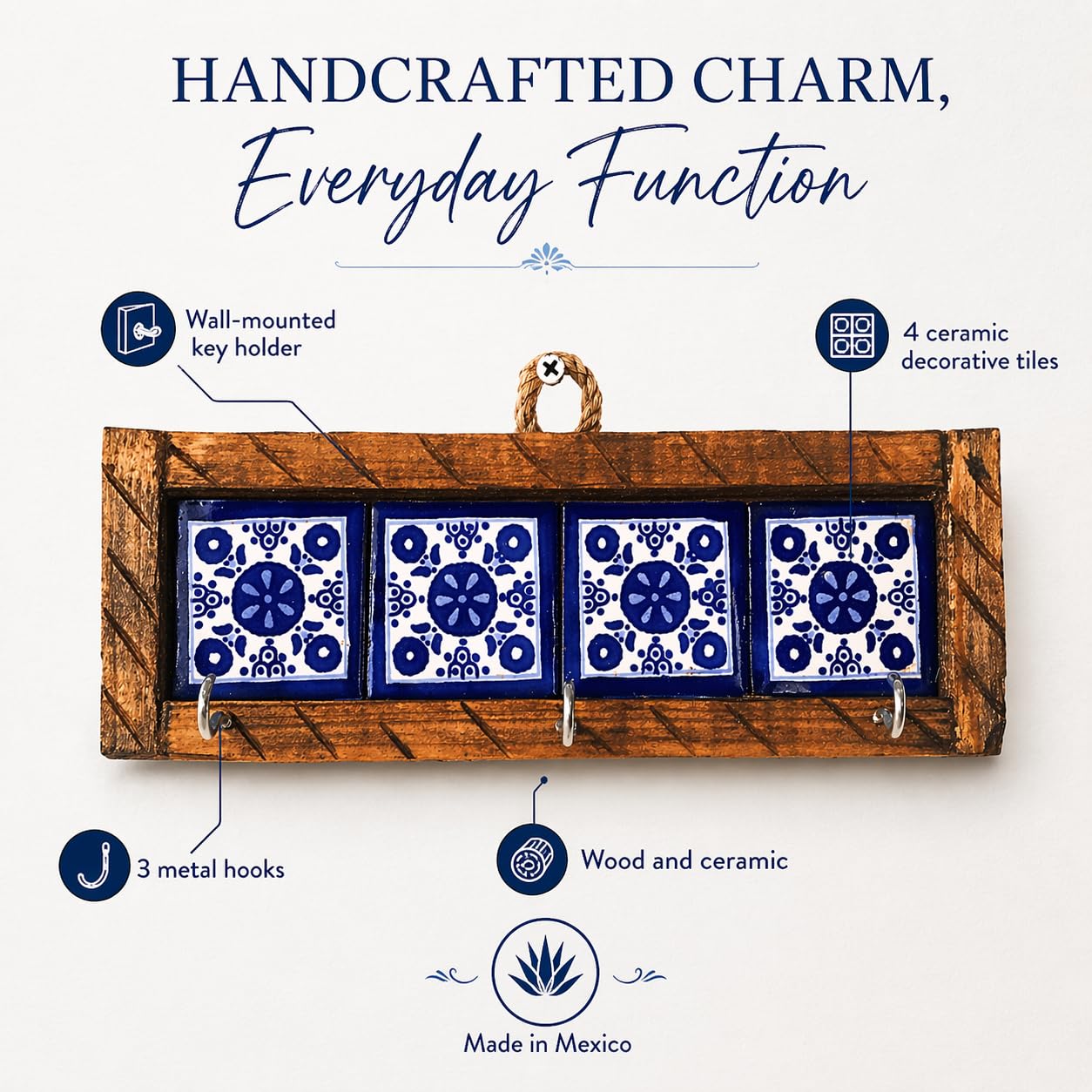 Casa Fiesta Designs Mexican Talavera Key Holder – Handcrafted Wooden & Ceramic Wall Organizer with 3 Metal Hooks – Blue & White Tile Design – Rustic Home Décor - Portallaves 4 Azulejos Azules