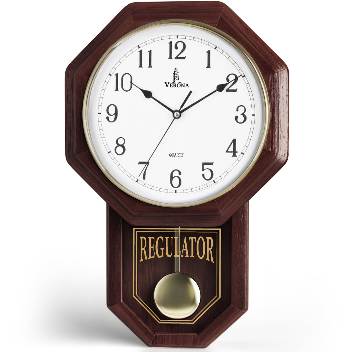 Pendulum Wall Clock - Real Wood Regulator Clock - Schoolhouse Design - Quiet, Non-Chiming, Wooden & Battery Operated - Decorative Wall Decor for Living Room, Home, Office 18x11