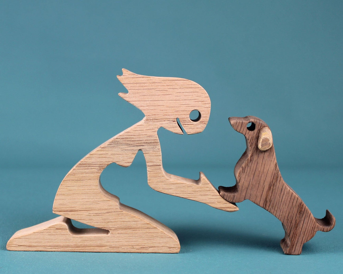 Wooden Girl & Dachshund Dog Statue Natural or Dark-Aged Oak Figurine Handcrafted Woman & Dachshund Dog Collectible Sculpture Personalized Engraved Gift Box Wooden Animal Ornament Rustic Oak Statue