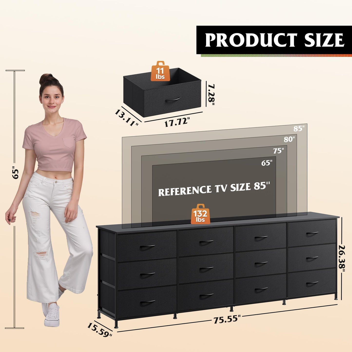WLIVE 75.5'' Black Dresser for Bedroom, TV Stand for 85, 80, 75, 65 Inch TV, 12 Drawer Long Fabric Dresser with Wood Top, Wide Entertainment Center Storage Chest for Living Room, Closet