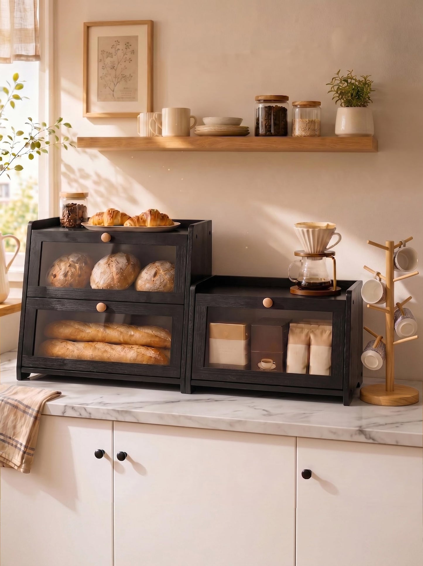 Plusinthebox Black Bread Box for Kitchen Countertop, Large Capacity Wooden Bread Storage Container, Modern Kitchen Bread Keeper for Pantry, Counter and Coffee Bar Organization