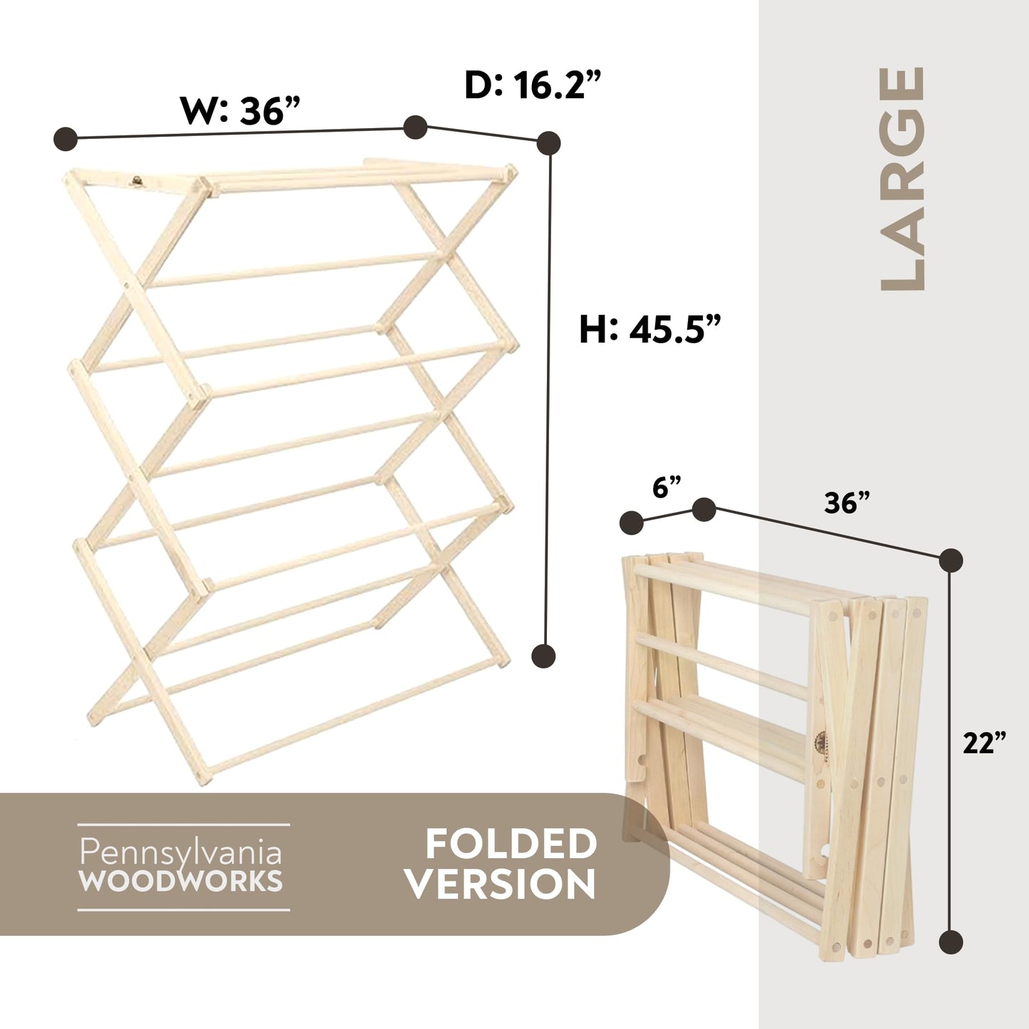 Pennsylvania Woodworks Premium American Maple Clothes Drying Rack - Handcrafted in Pennsylvania - Solid Wood Construction, Collapsible, Eco-Friendly Laundry Solution (Large)