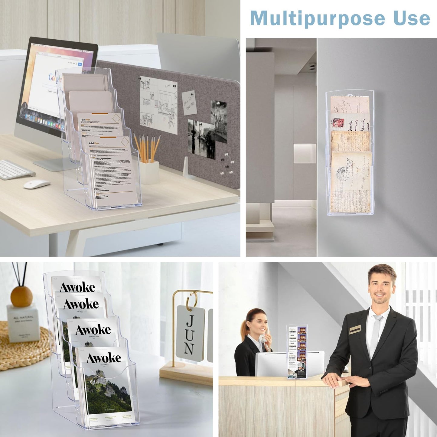 xydstay Acrylic Brochure Holder 4 x 9 Inches, 4 Tier Magazine Holder Brochure Display Stand, Clear Pamphlet Flyer Holder, Literature Booklet Holder for Countertop or Wall Mount Use, 2 Pack