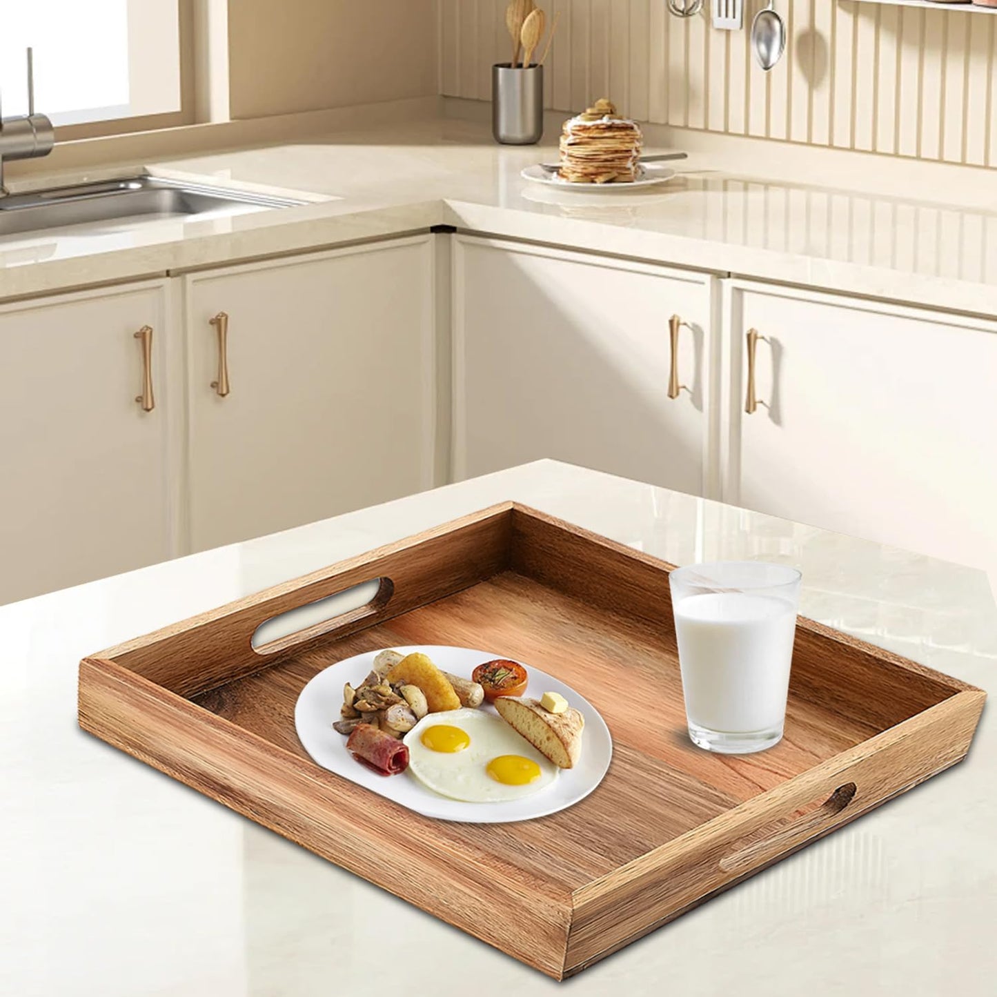 Large Acacia Wood Serving Tray, 17 Inch Square Ottoman Tray with Handles, Big Wood Platter for Living Room, Oversized Wooden Trays for Ottoman Decorative Food Coffee Table Party Bed Dinner Topper