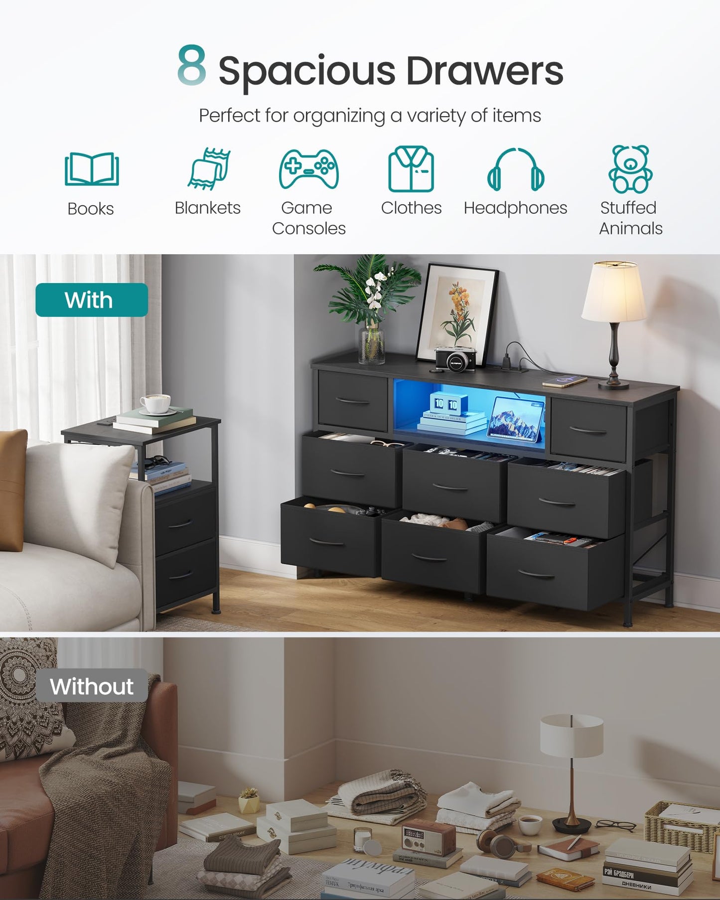 SONGMICS BELLAH Collection - Dresser for Bedroom with Outlets and LED Lights, TV Stand for TVs Up to 55 Inches, Chest of Drawers, 8 Drawers, Steel, Industrial, Modern, Ink Black ULGS433BH02S