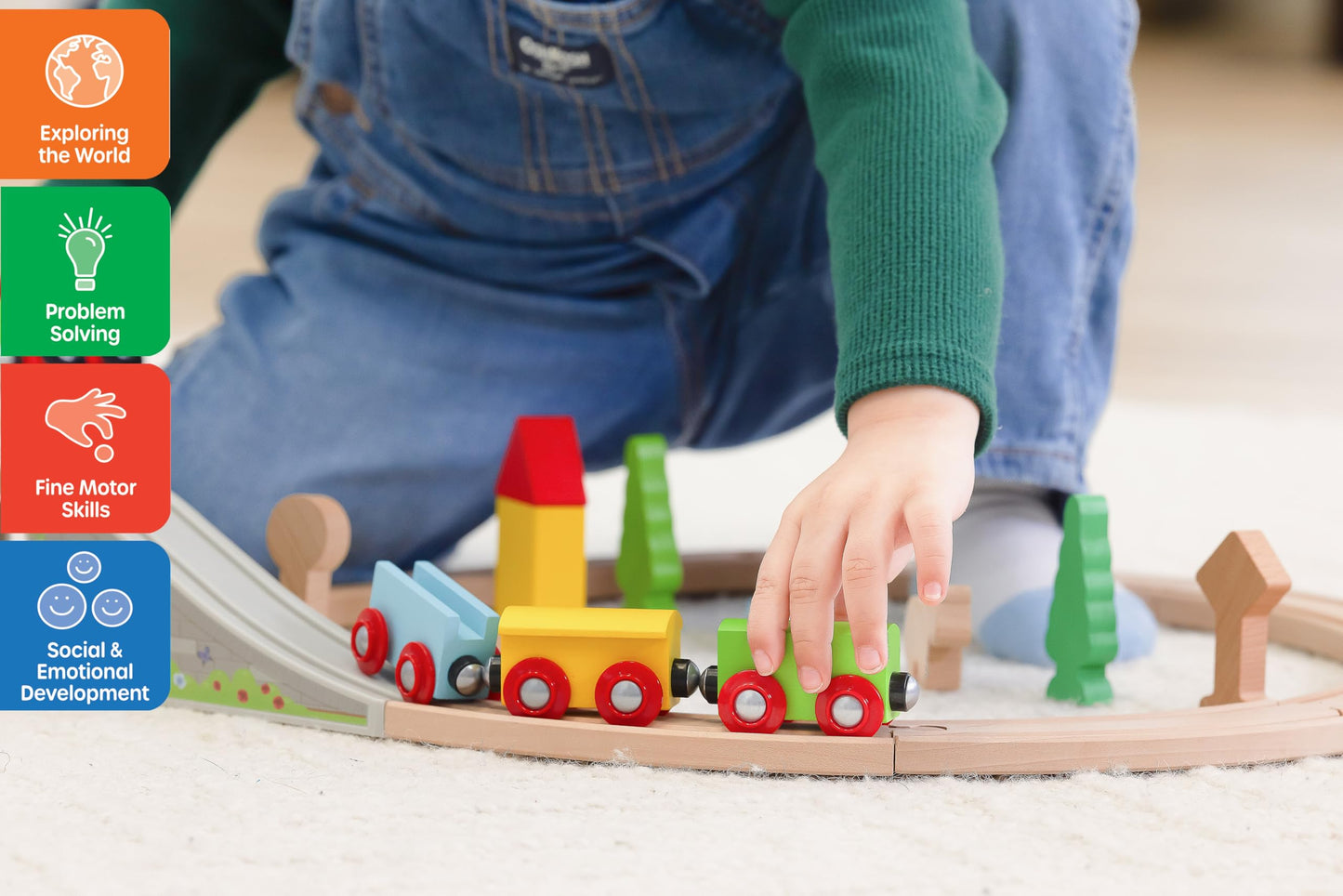 Jasey's Toy Chest 33-Piece Wooden Little Town Train Adventure Set | Interlocking Tracks, Bridge, & Town Accessories | Compatible with Other Wooden Train Sets | for Toddlers Ages 3+