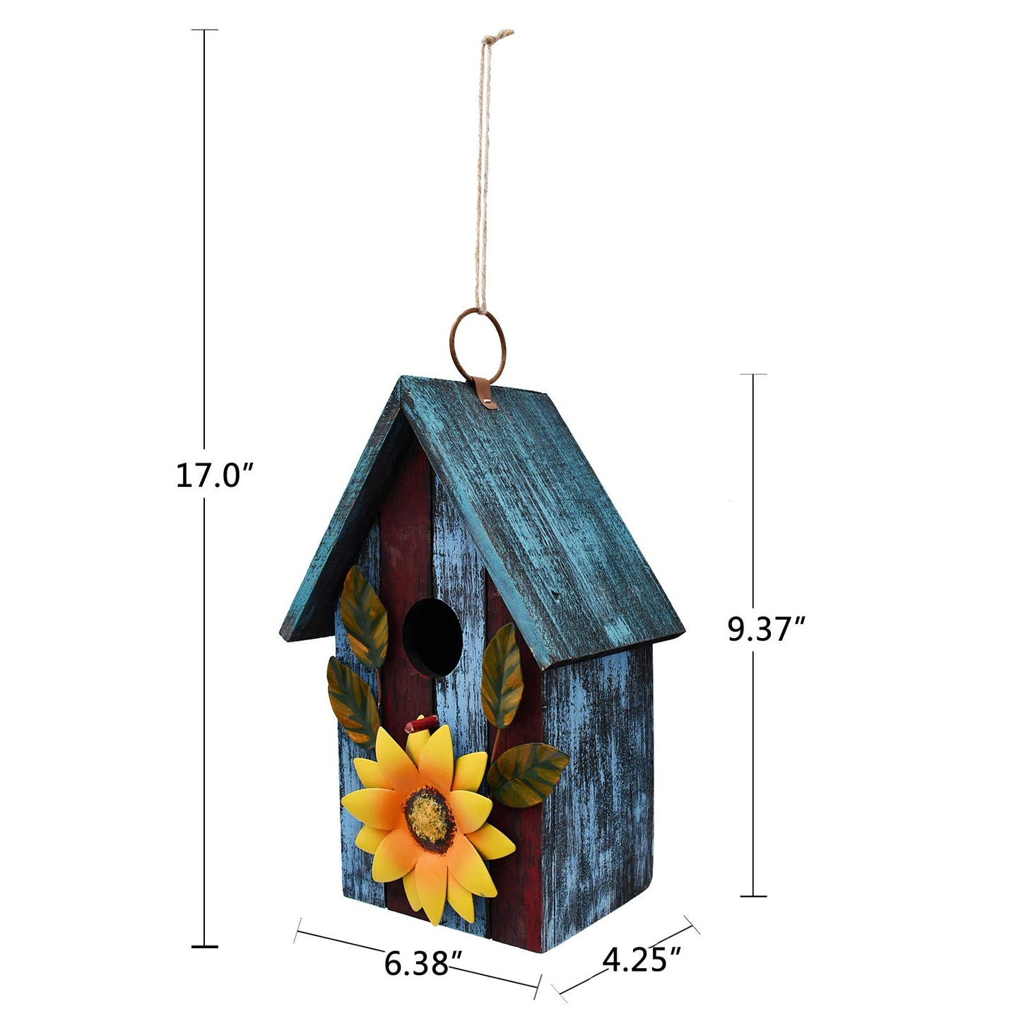 Wood Decorative Bird House for Outside Hanging Hummingbird House, Wooden Hand Painted Small Bird House Outdoors Garden Décor, Hanging Bird House for Finch Bluebird Wren Chickadee (Blue)