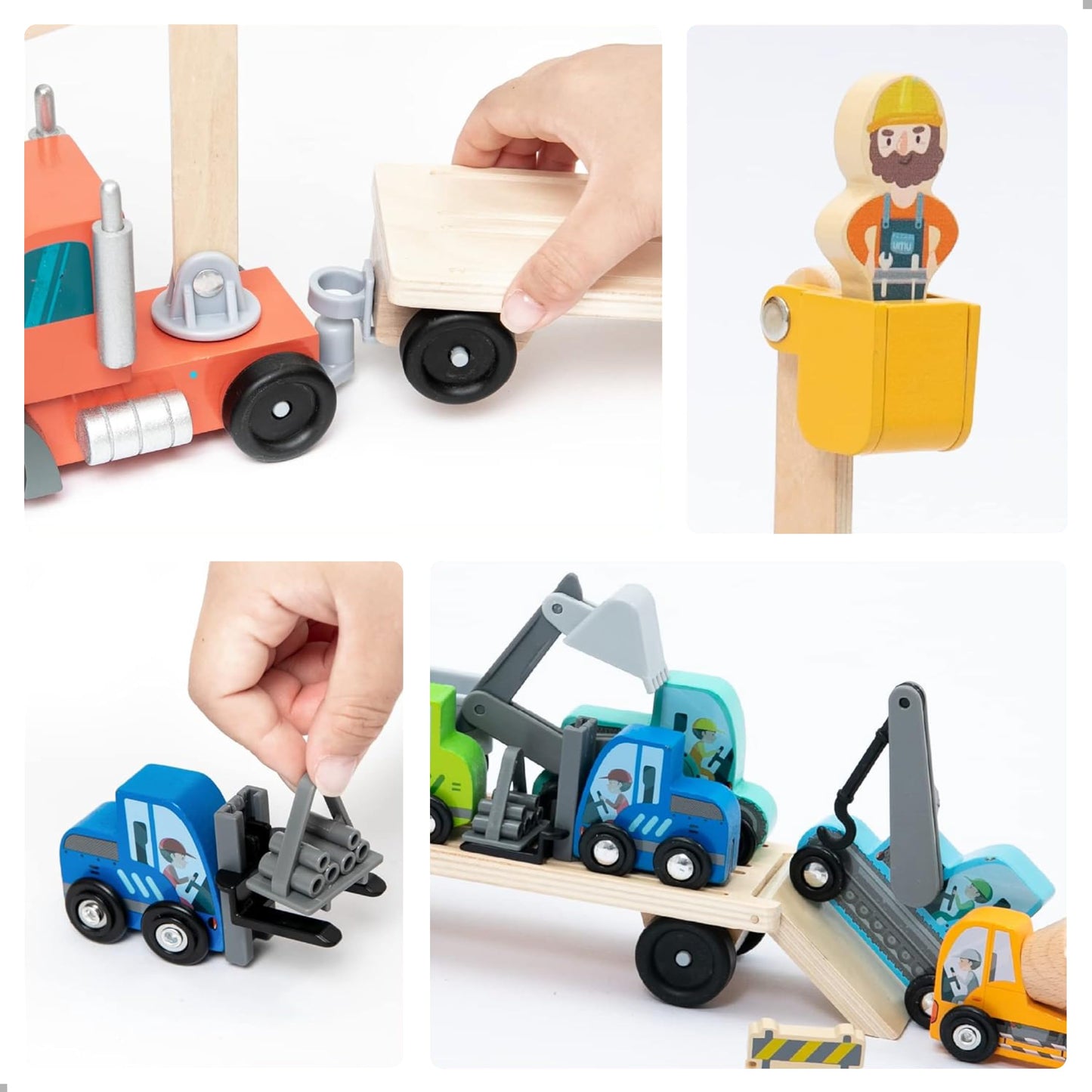 umu Construction Toy Cars 14 PCS Wooden Kids Mini Vehicles for Toddlers, Compatible to Thomas Train Toys Railway and Major Brands, Best for 3 to 5 Year Old Boys and Girls