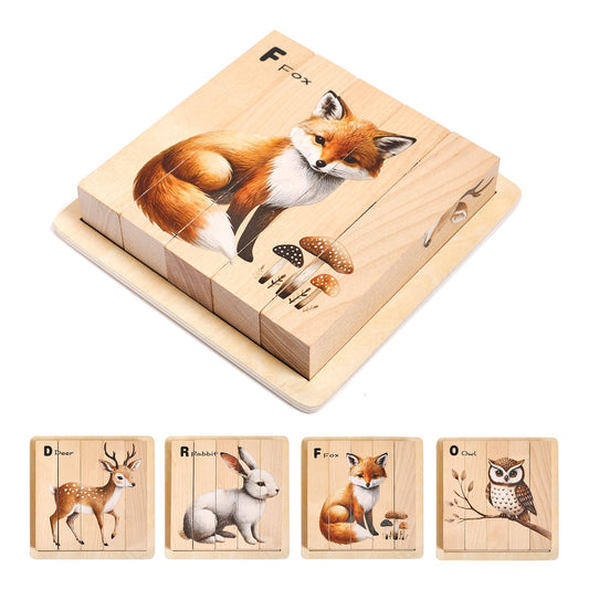 Promise Babe Wooden Forest Animal Puzzles Toy for Toddlers 1-3, 4-in-1 Montessori Toys Learning Educational Chunky Puzzle for 2-4 Years Old, Baby Boys Girls Gifts
