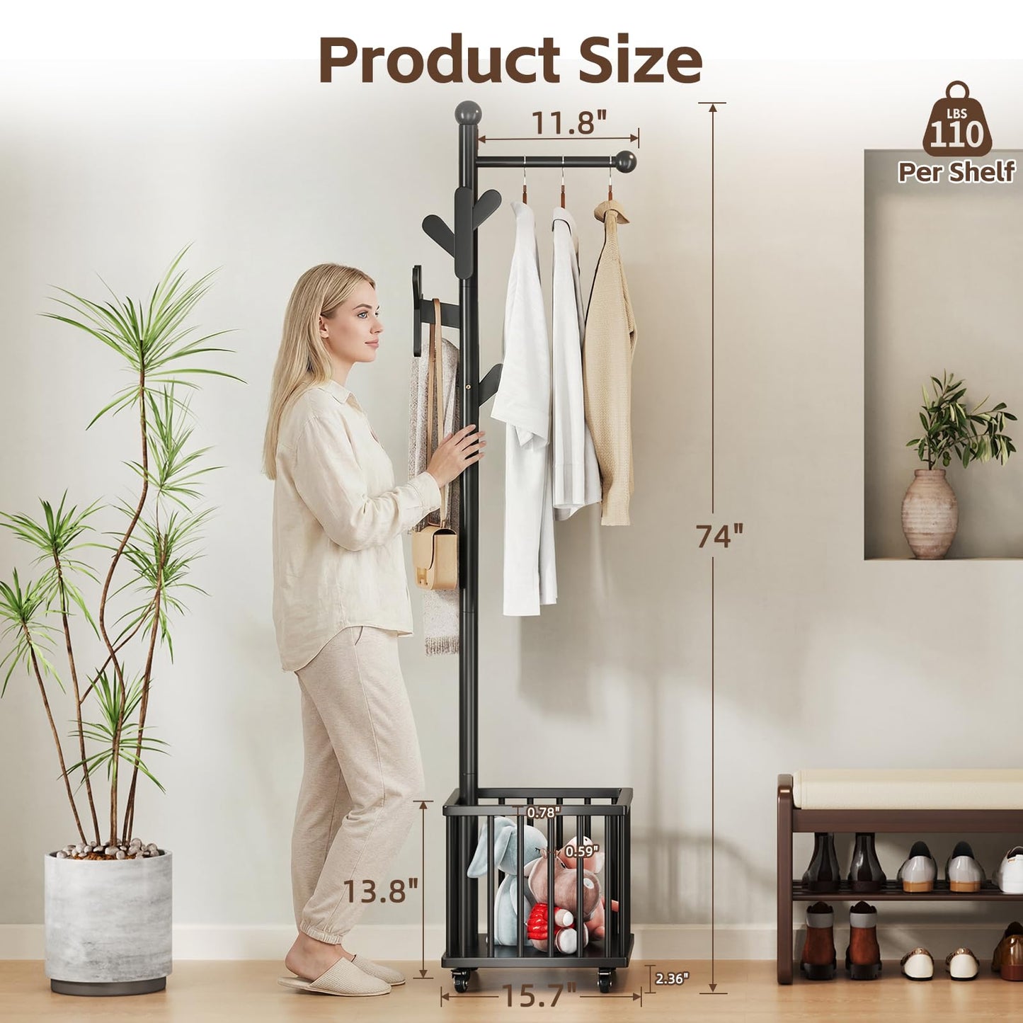 Cactus Freestanding Wooden Coat Rack with Storage Basket,Black Coat Rack with Hooks and Wheels, Space-Saving Entryway Organizer for Hanging Clothes, Bags and Storing Towels, Toys, Bedroom, Living Room