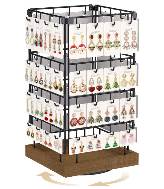 MODOWEY 360 Rotating Earring Cards Organizer Holder Stands for Selling Vendors, 64 Hooks Jewelry Display Tree, Large Capacity Storage Wood Rack Tower Women Dresser Stud Pierced, Brown