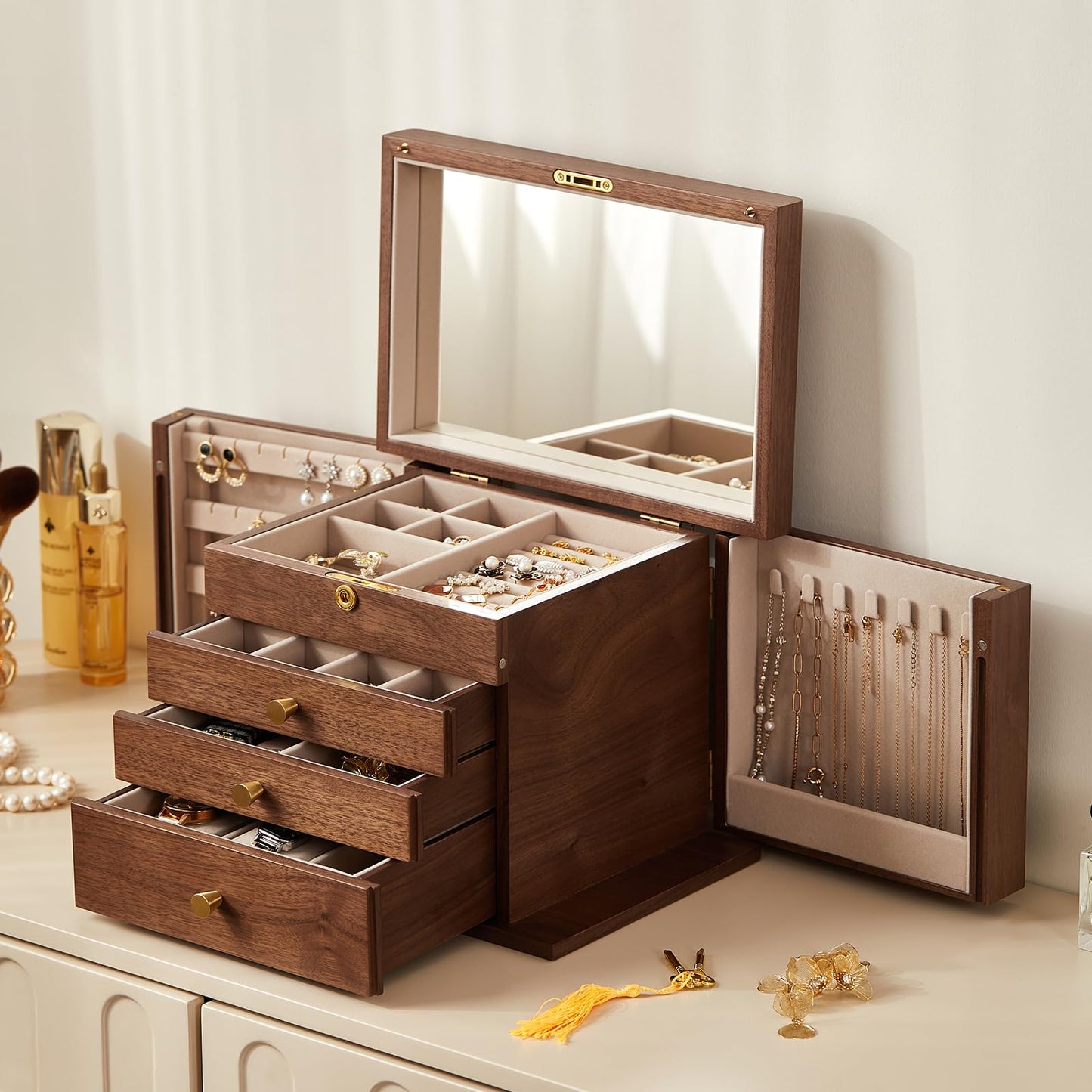 Homruilink Black Walnut Wooden Jewelry Box, Wood Jewelry Organizer with 2 Side Doors Mirror Lockable Classical Style for Watch Necklace Ring Earring Storage, Fathers Day Gift-4 Layer