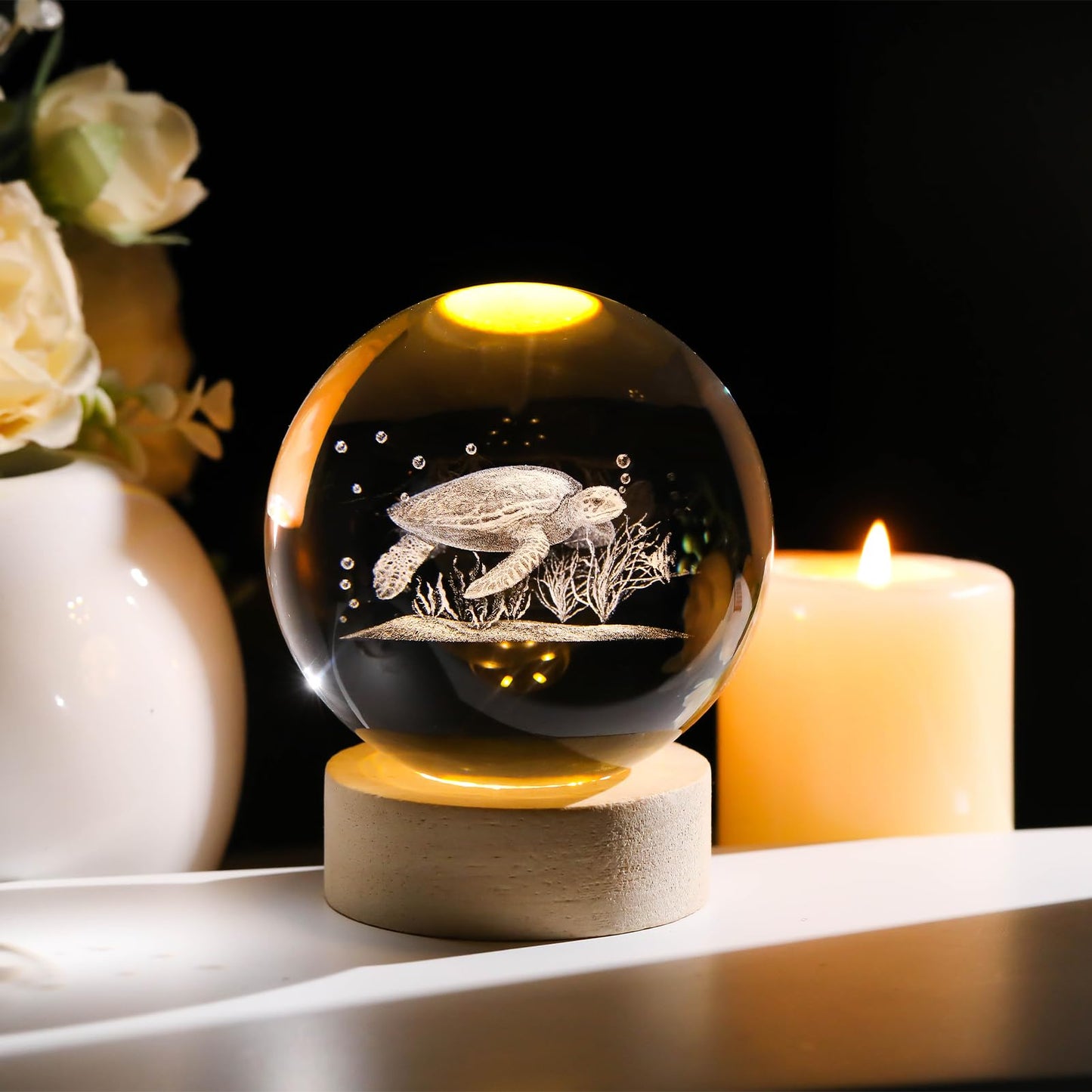 Arikyrist 3D Sea Turtle Crystal Ball Lamp with Wooden Base, 3D Laser Etched Crystal Sea Turtle Decor Glass Sphere Figurine Ornaments, Crystal Sea Turtle Gifts for Women Men Kids