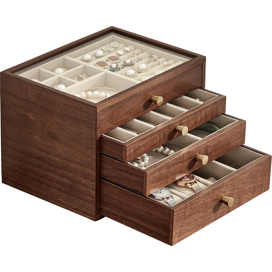 CHOSIN Black Walnut Jewelry Box for Women, 4-Layer Wooden Organizer with Glass Lid, for Watches, Necklaces, Rings & Earrings Storage Christmas Gifts