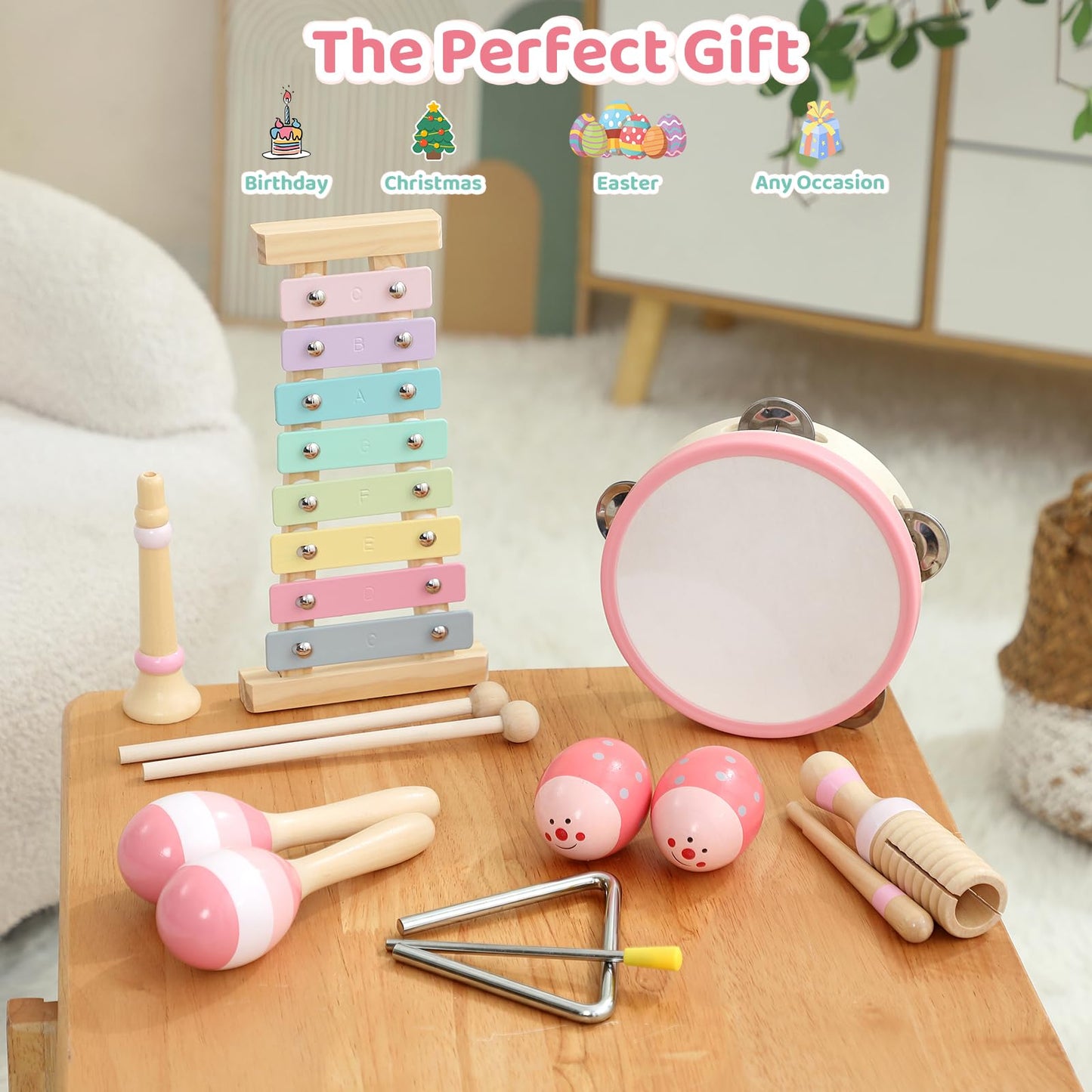 JOLLITO 9-Piece Kids Musical Instrument Set, Wooden Montessori Percussion Toys for Toddlers 1-3, Macaron Pastel Colors Xylophone Tambourine Maracas with Storage Bag, Preschool Educational Gift