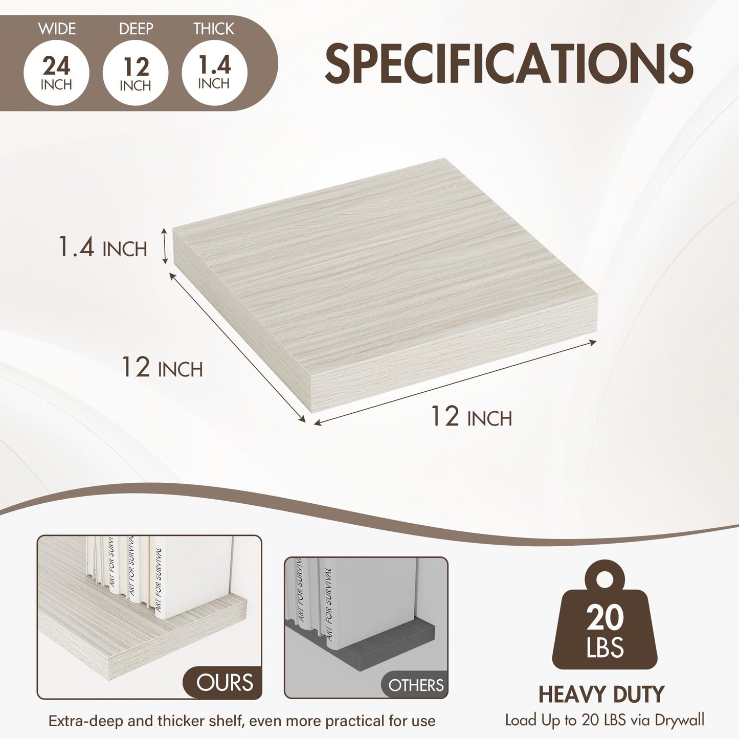 Acovy 12 Inch Floating Shelves, 12" Deep Floating Shelf Wall Mounted, 12" Wall Shelves, Rustic Deep Bookshelf, Extra Deeper Display Shelves & Storage Shelves for Bedroom, Living Room, Set of 3