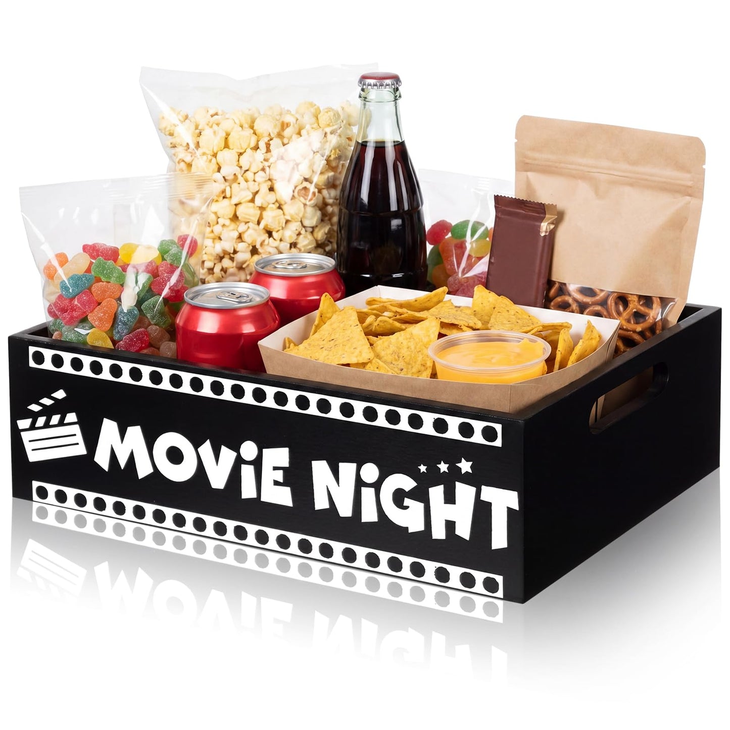 GlikCeil Movie Night Supplies Snack Trays with Handles Reusable Wooden Movie Gift Basket for Theater Popcorn Bucket Bowl Box Container Family Room Decor (Classic Style 1)