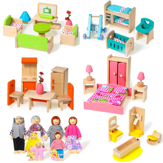 Civaner 52 Pcs Wooden Dollhouse Furniture Set Including 8 Family Dolls Miniature Doll House Accessories 1:12 Scale 5 Space Kits Bathroom Bedroom Living Room Dining Room Kitchen Gift for Christmas