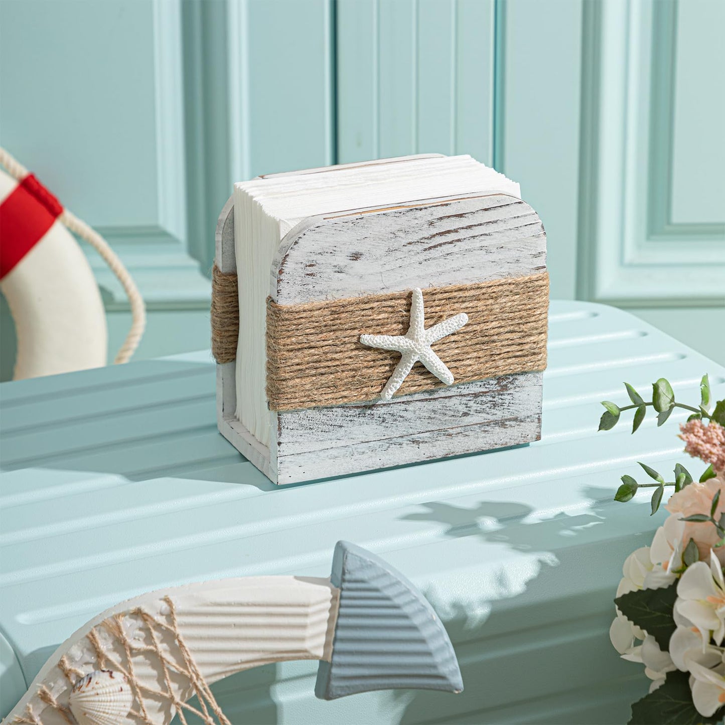 Fiwochic Natural Wooden Napkin Holder, Farmhouse Napkin Holders Upright Wooden Tissue Dispenser for Kitchen Dining Room Table Decor Indoor & Outdoor Use (Beach Style,White)