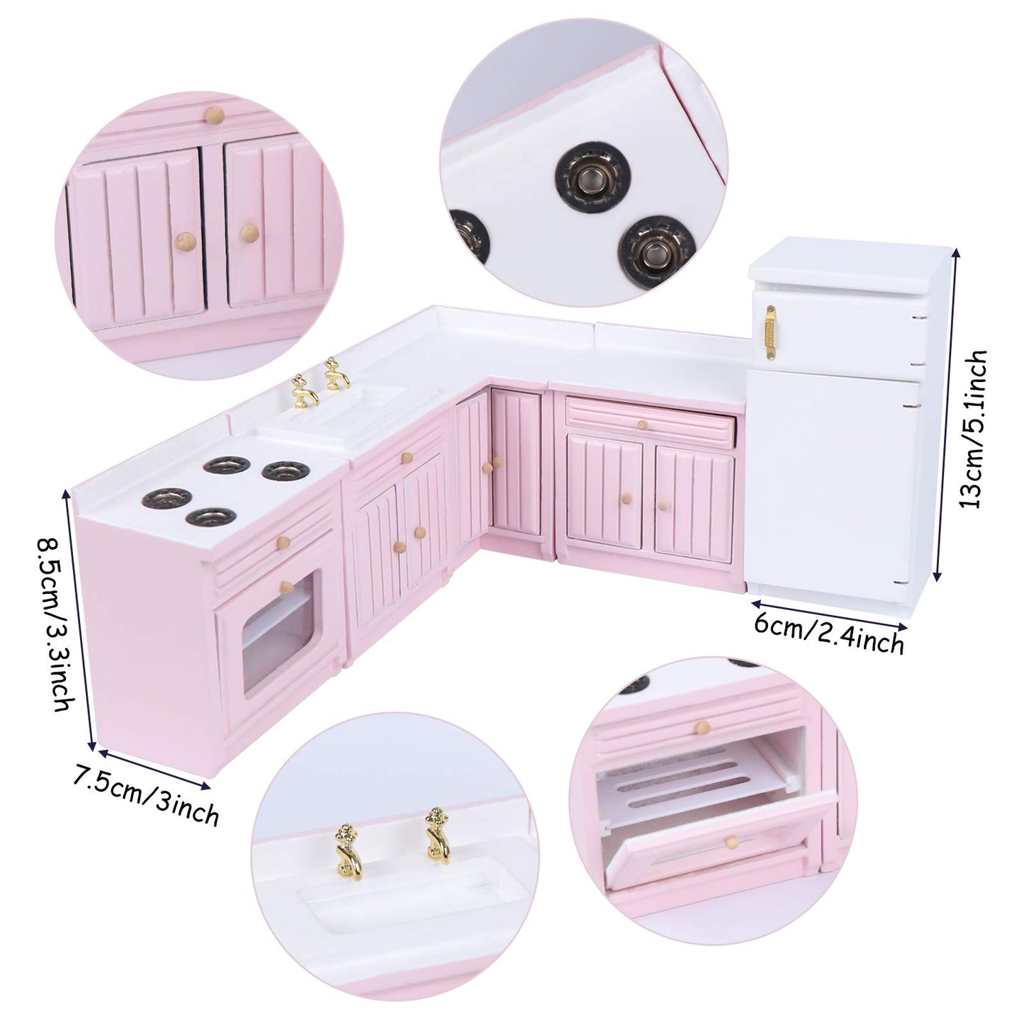 Haomian 1:12 Scale Dollhouse Kitchen Furniture Set, Pink Wooden Miniature L-Shaped Kitchen Cabinets with Fridge Sink Stove, Doll House Kitchen Accessories for Role Play DIY Decor Collectibles