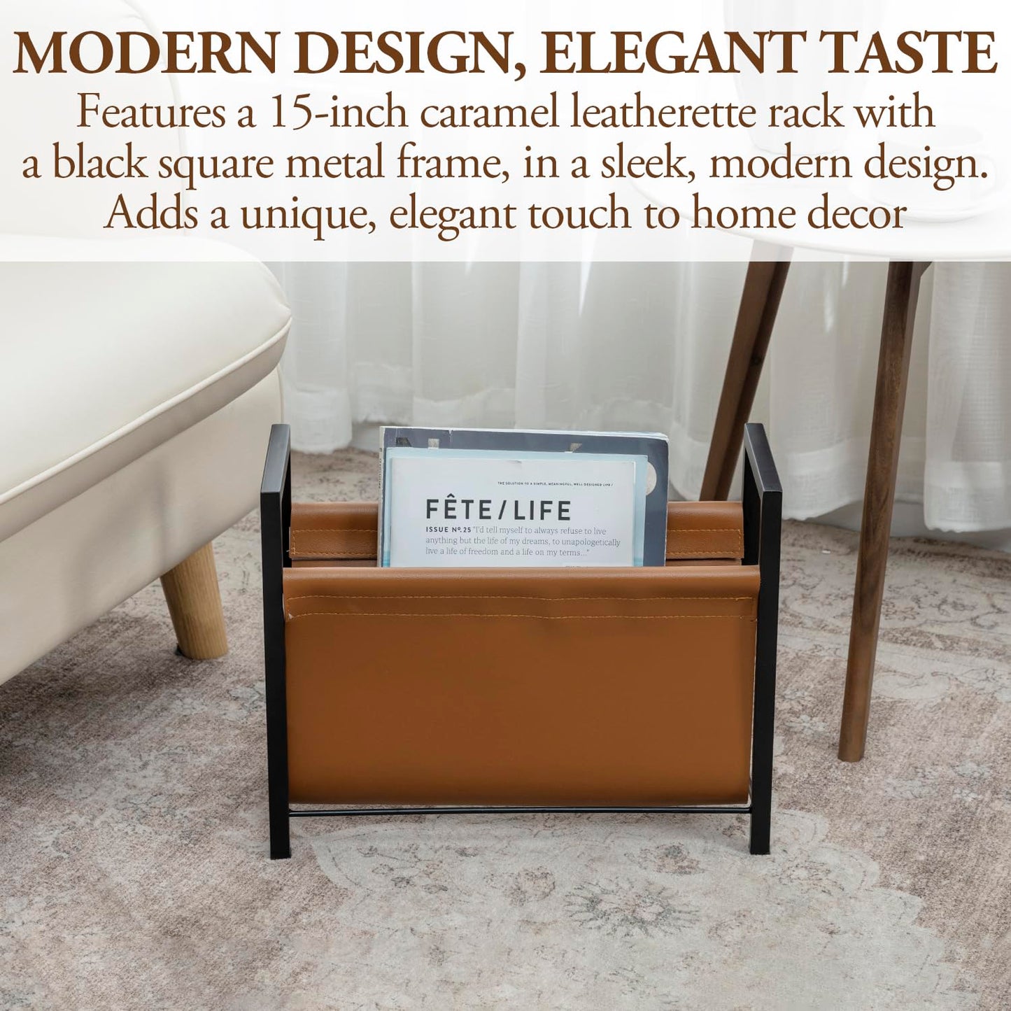 MyGift 15 Inch Modern Caramel Leatherette Magazine Holder with Rectangular Black Metal Frame, Floor Standing Faux Leather Book Storage Newspaper Rack, Home Bathroom Decor