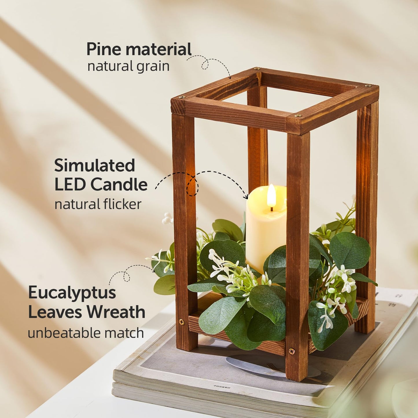 42 Pcs/14 Set Wooden Wedding Lantern Centerpiece,Wooden Centerpieces for Tables-with 14 Holders 14 Candles 14 Wreaths for Rustic Table Decoration Country Barn Wedding Party (Brown)
