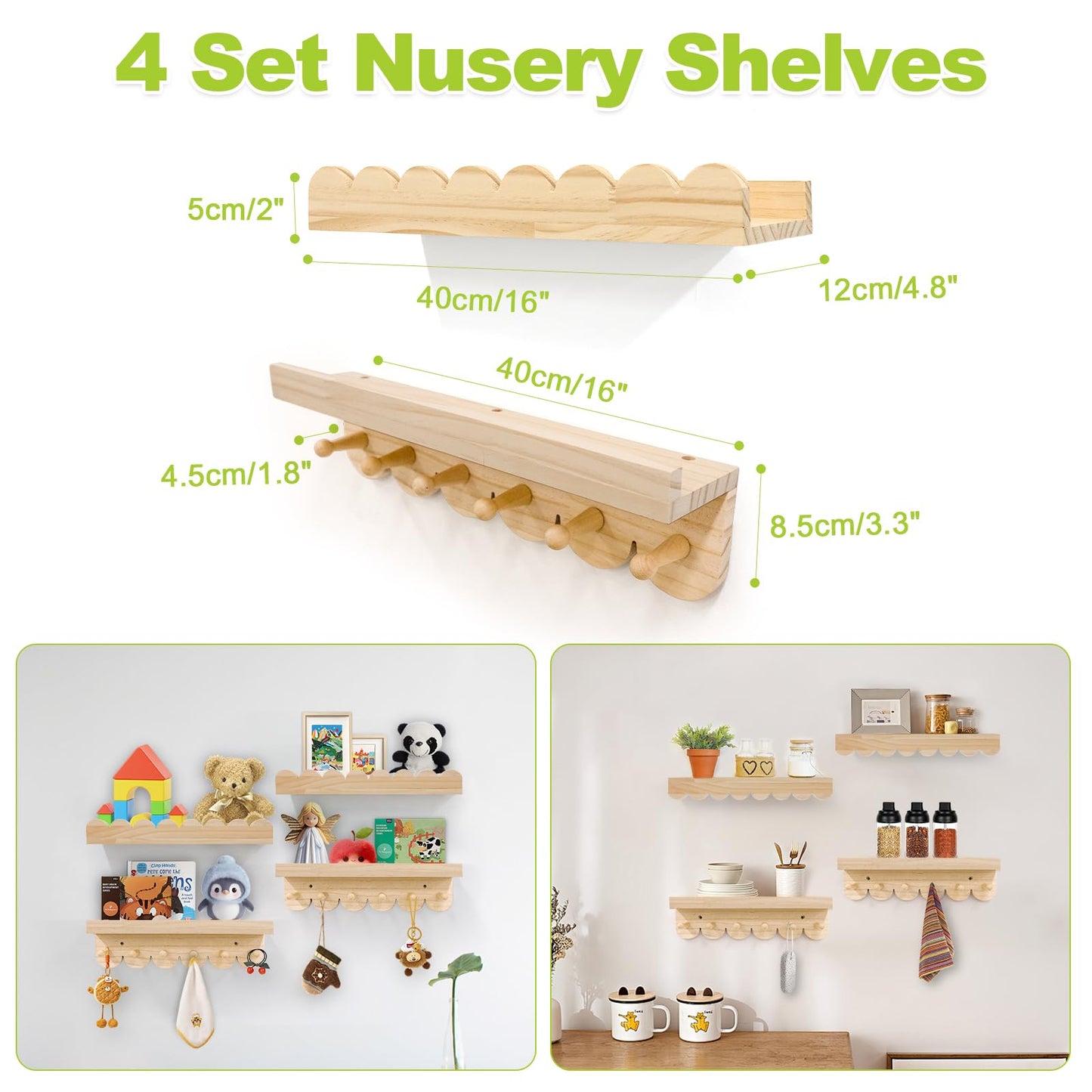 Varbonia Floating Nursery Book Shelves for Wall, 16'' Wood Book Shelf for Baby Boys Girls Bedroom Bathroom and Décor Storage, Wall Shelf for Books, Plants, Toys, Photo Frames (Wooden, 4 Pack)