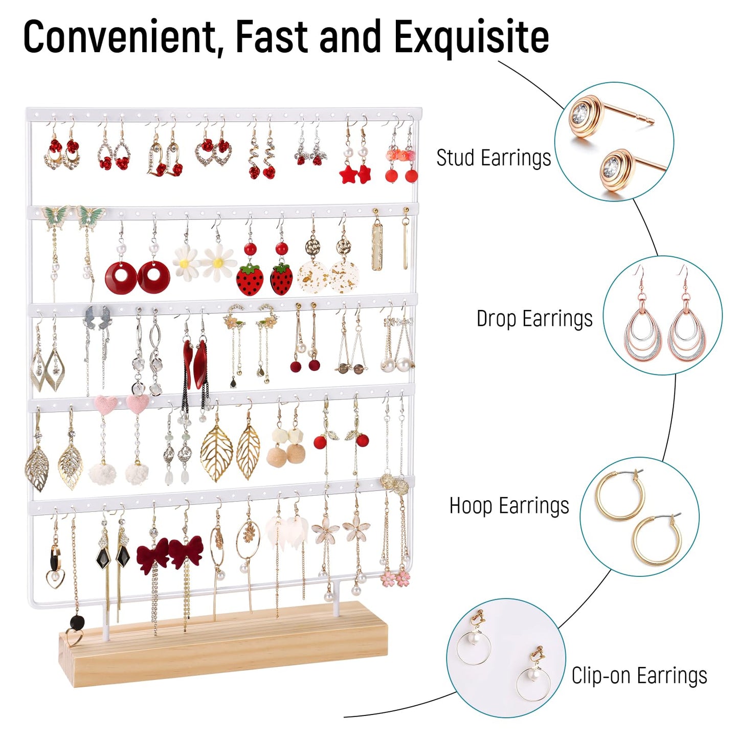 shidaishiye Earring Holder Organizer, 5-Tier Earring Organizer with 60-Pair Capacity, Wooden Base Metal Earring Display, Jewelry Storage & Display for Home Store, Suitable for Women