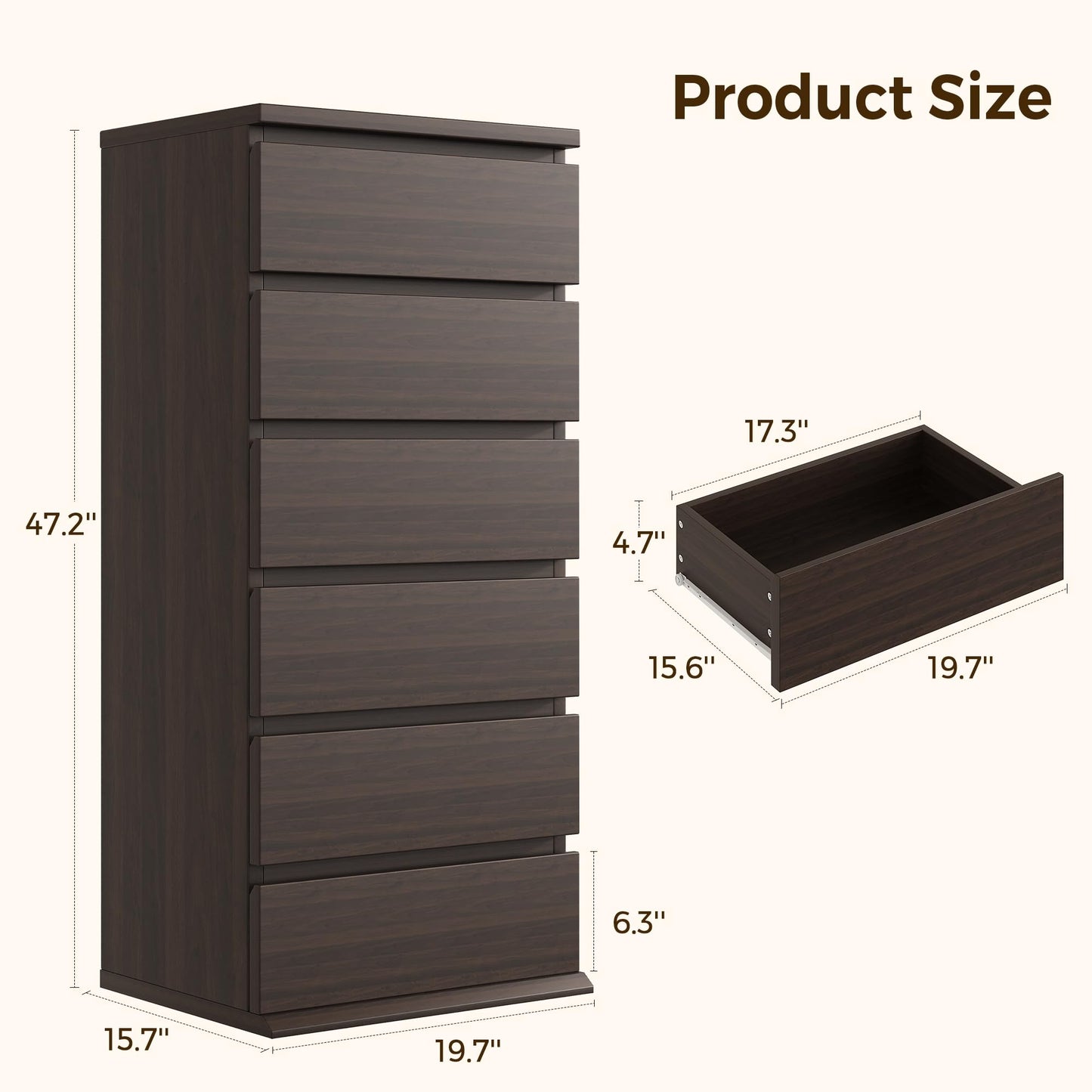 Brown Dresser, 6 Drawer Dresser for Bedroom, Wooden Chest of Drawers with Handleless Drawers, 19.7" W x 15.7" D x 47.2" H Vertical Tall Dresser, Storage Dressers for Living Room, Hallway and Office