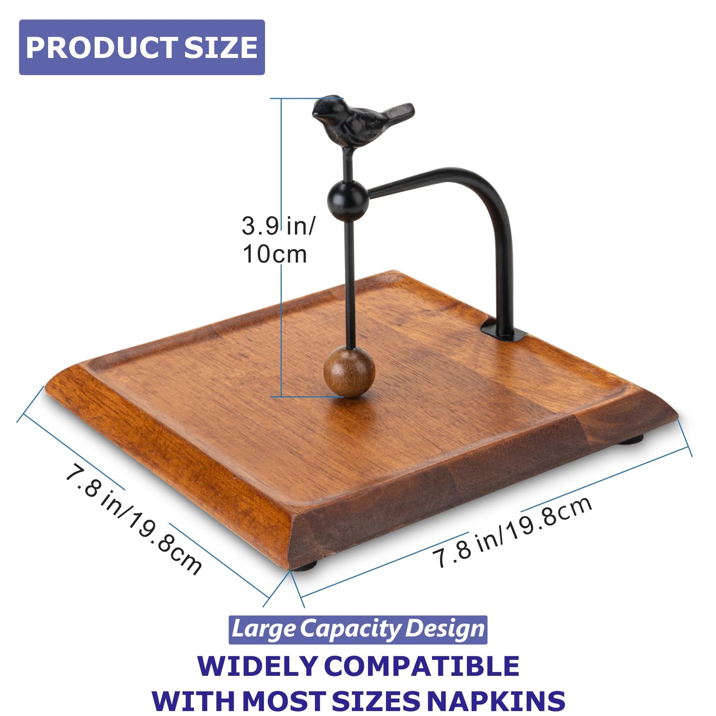 Wooden Napkin Holder with Bird-Shaped Handle – Elegant Flat Napkin Holder with Weighted Arm for Paper Napkins, Cocktail Napkins – Perfect for Kitchen, Dining Table, Café, and Bar – Ideal Holiday Gift