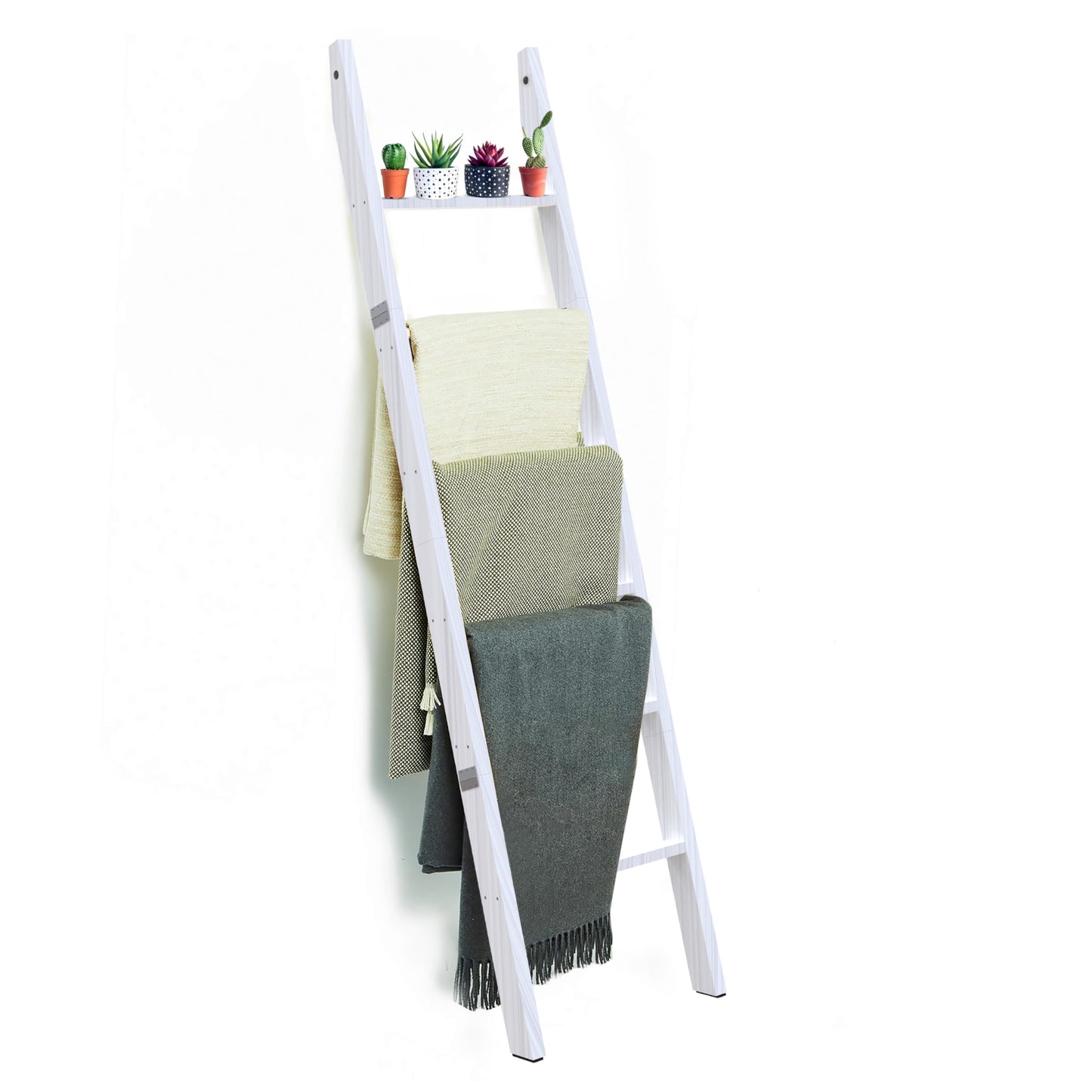 6 Tier Wooden Blanket Ladder - Rustic Style Quilt Ladder for Blankets - Blanket Rack for Wall - Blanket Holder - Farmhouse Decor Accent Furniture for Living Room (White, 6 Tier)