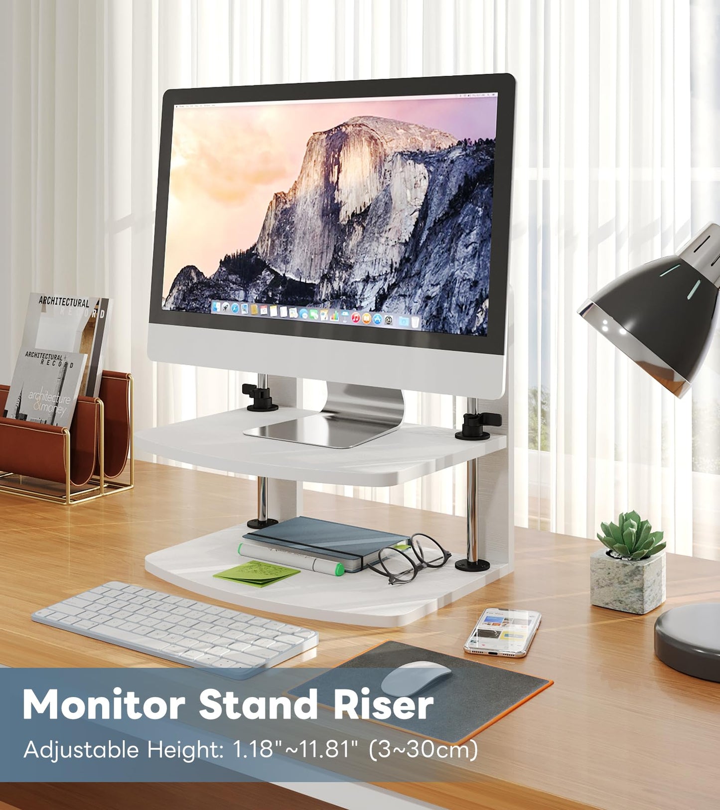 WikrOck 15.6 14 13.3 Inch Laptop Computer Monitor Stand Riser for Reduced Neck Strain, Adjustable Height Desk Shelf Organizer Monitor Riser Stand for PC Monitor Laptop - Withe - Wood Grain, MR01-L