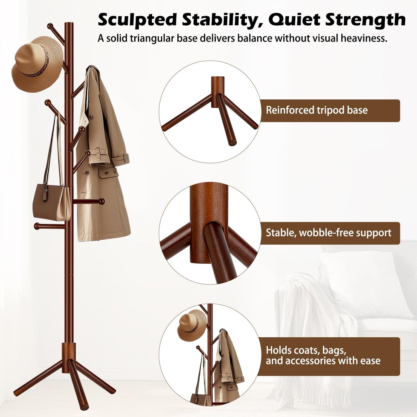 Arborus Wooden Coat Rack Freestanding, Adjustable Height Solid Wood Clothes Stand with 8 Ball-End Hooks, Stable Tripod Base, 5.7FT Floor Coat Tree for Entryway Bedroom Office, Brown