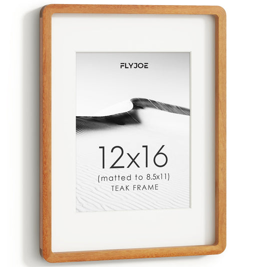 12x16 Picture Frame, USA-Sourced Natural Teak Wood Photo Collage Frame with HD Tempered Glass, Modern Simple 12 x 16 Wooden Frame Matted to 8.5x11, Vertical & Horizontal Wall Hanging Display