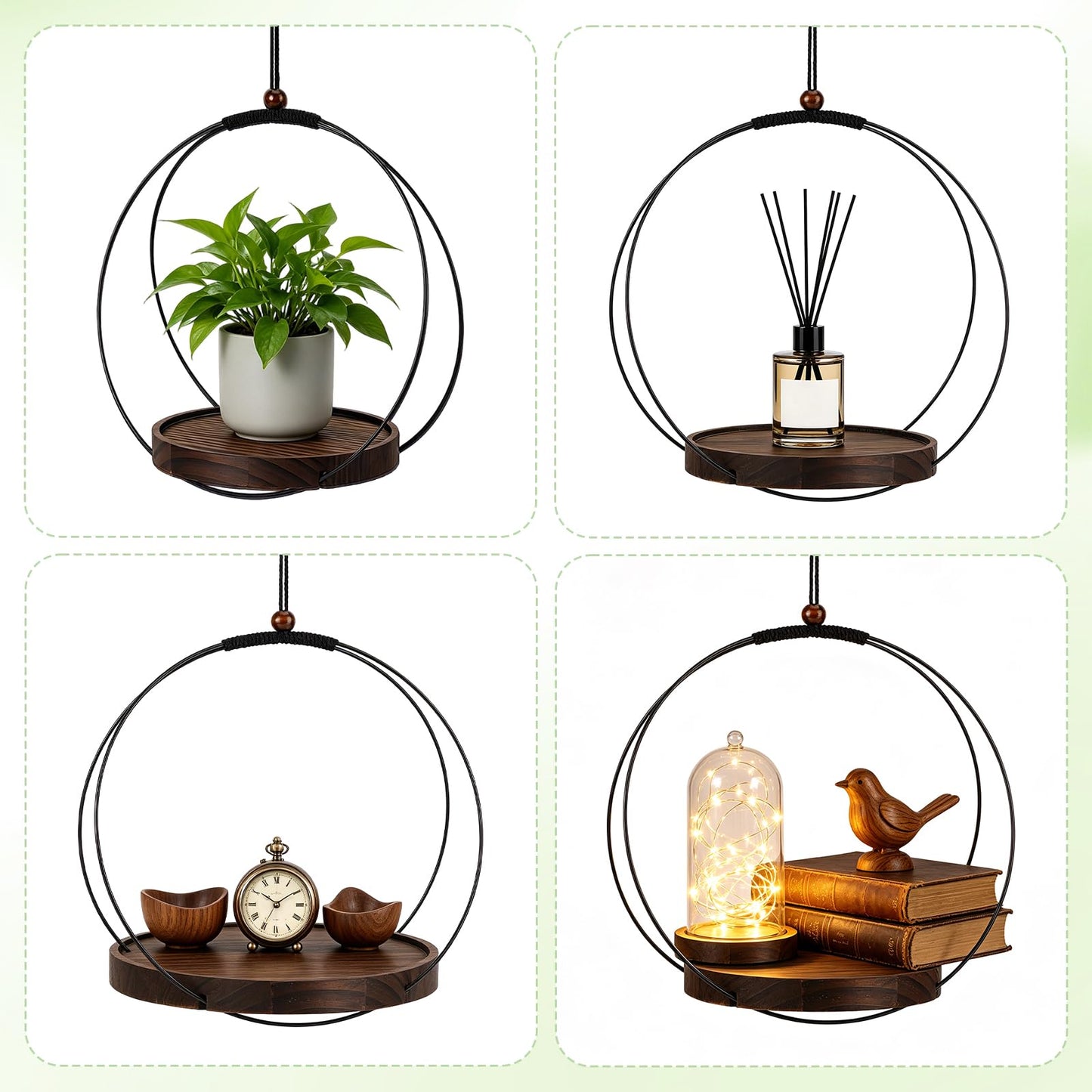 peacoblue 4 Pack Hanging Planters for Indoor Plant Hanger with Sturdy Round Wood Base, Black Metal and Hanging Potted Plant Holders for Wall Ceiling Window Planter Display(Plants/Pots Not Included)