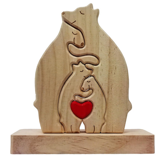 Personalized Wooden Bears Family Puzzle with Heart Decorations, Blank Bear Sculptures with Base for Home Decor, Housewarming Birthday Gift for Parents (4 Bears)