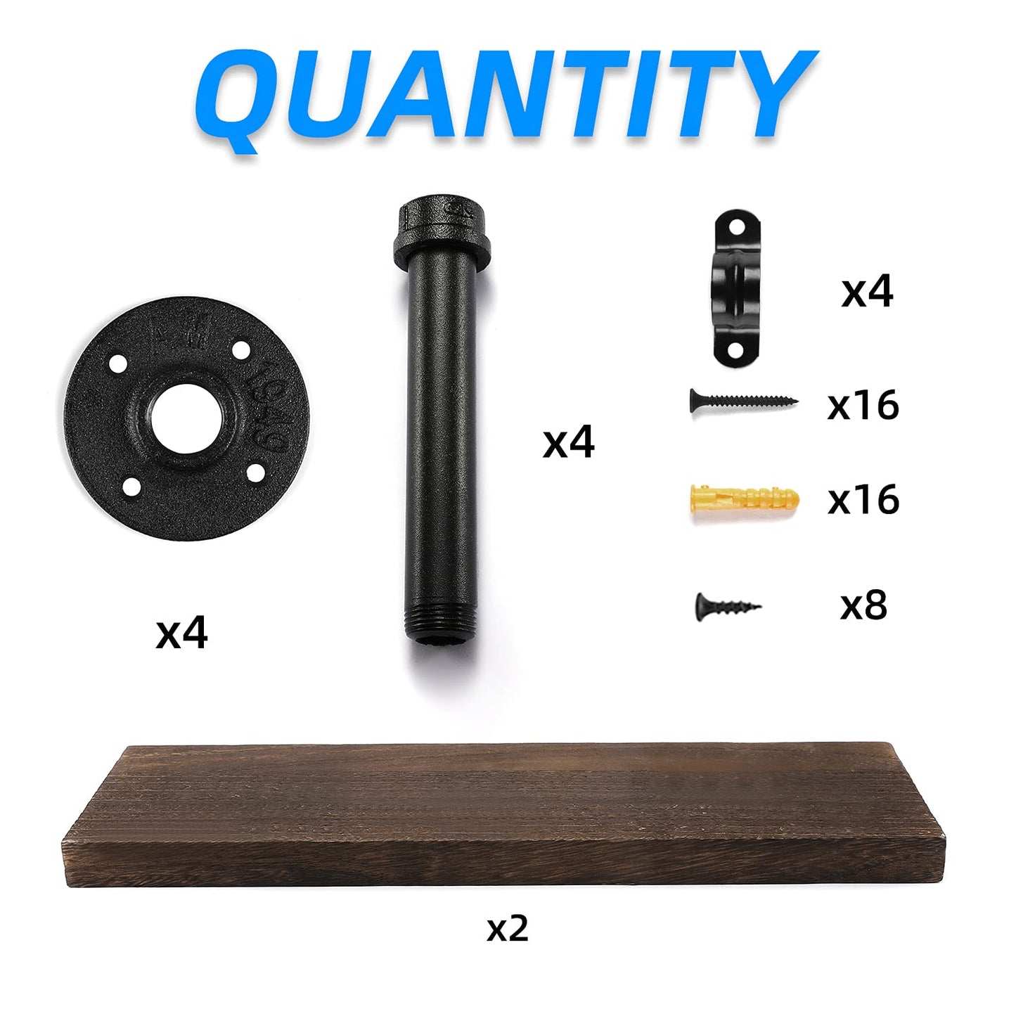 Home TZH Wall Mounted Floating Shelves, Floating Shelves with Industrial Pipe Brackets Set of 2 Rustic Wood Storage Shelf for Bedroom Living Room Bathroom Kitchen Office and More (2, Brown)