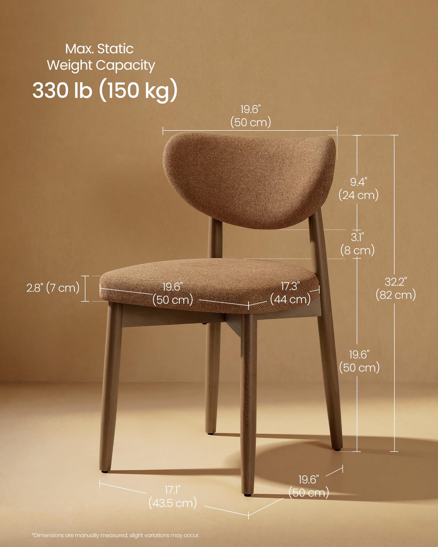 VASAGLE Wooden Dining Chairs Set of 2, Upholstered Kitchen Chairs with Solid Wood Legs, Ergonomic Curved Backrest, Built-in Handle, Mid Century Modern, for Kitchen Dining Vanity, Caramel Brown