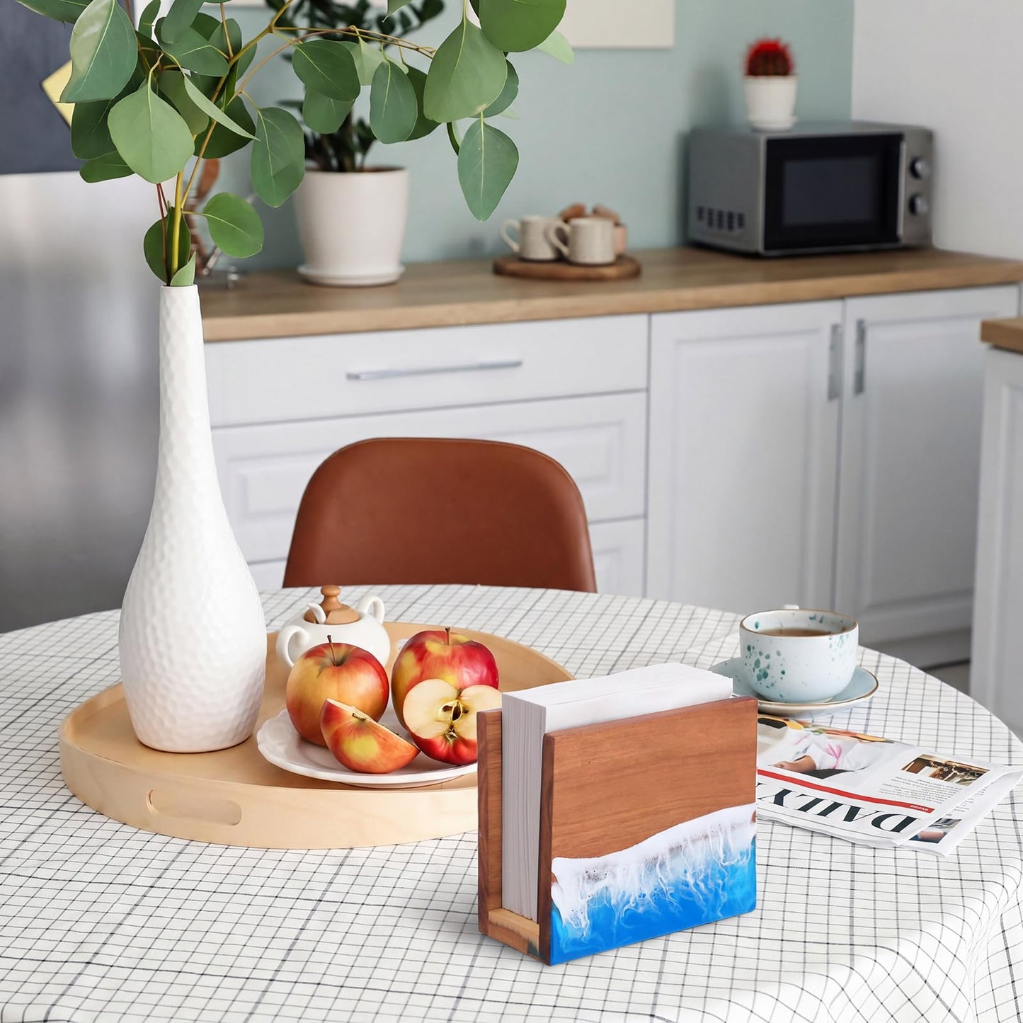 Hushee Acacia Wood Ocean Napkin Holder Resin Sea Wave Pattern Handcrafted, Wooden Rustic Farmhouse Standing Napkin Dispenser for Kitchen Dining Room Party Cocktail Outdoor Summer Use, 6" x 5.2" x 2.8"