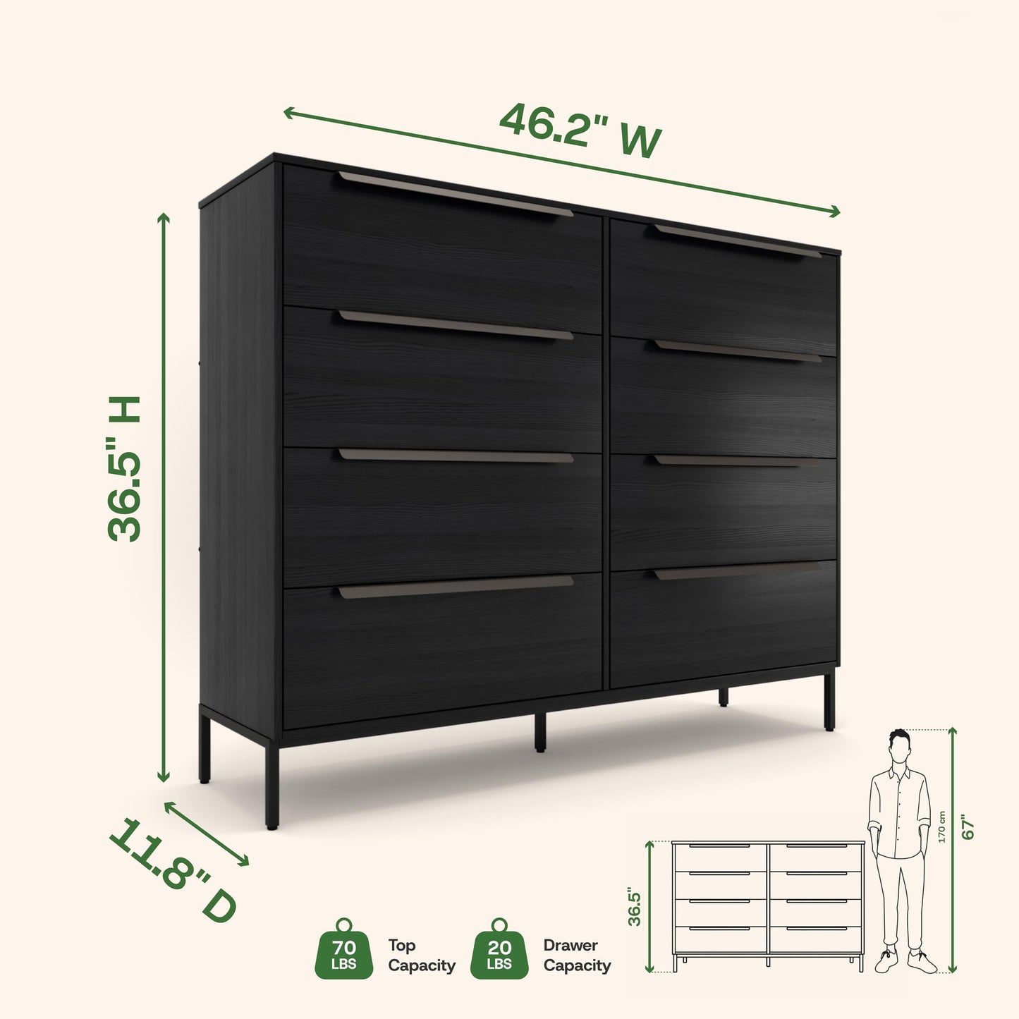 tinge Lira Premium 8 Drawer Fabric Dresser - Engineered Wood Frame Chest of Drawers for Bedroom - Strong & Sag-Proof Clothing Organizer with Sleek Metal Handles (Black)