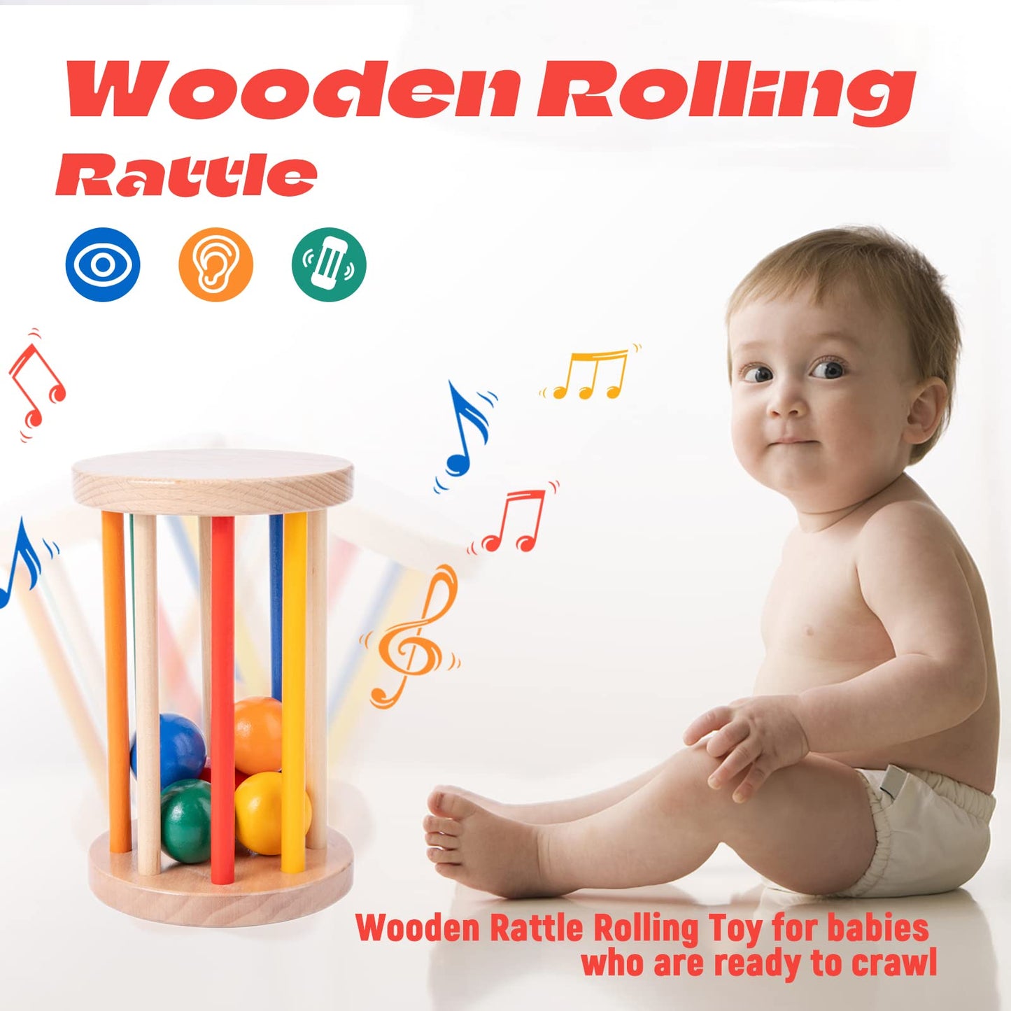 Montessori Toys for Babies 6-12 Months Wooden Rolling Drum Montssori Baby Sensory Toys for Wooden Rattle Spinning Rainbow,Boys and Girls Baby Gifts