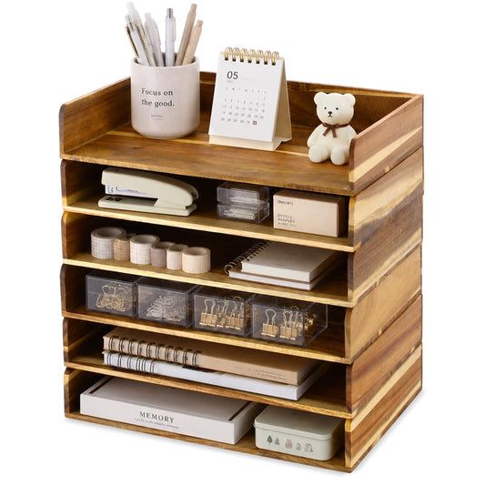Novabright 6 Pcs Stackable Paper Organizer Tray Acacia Wood Desk Organizer Letter Tray Desktop Letter Size Office Wooden Desk Shelf Paper Holder Folder Organization Rack for File Document (Acacia)