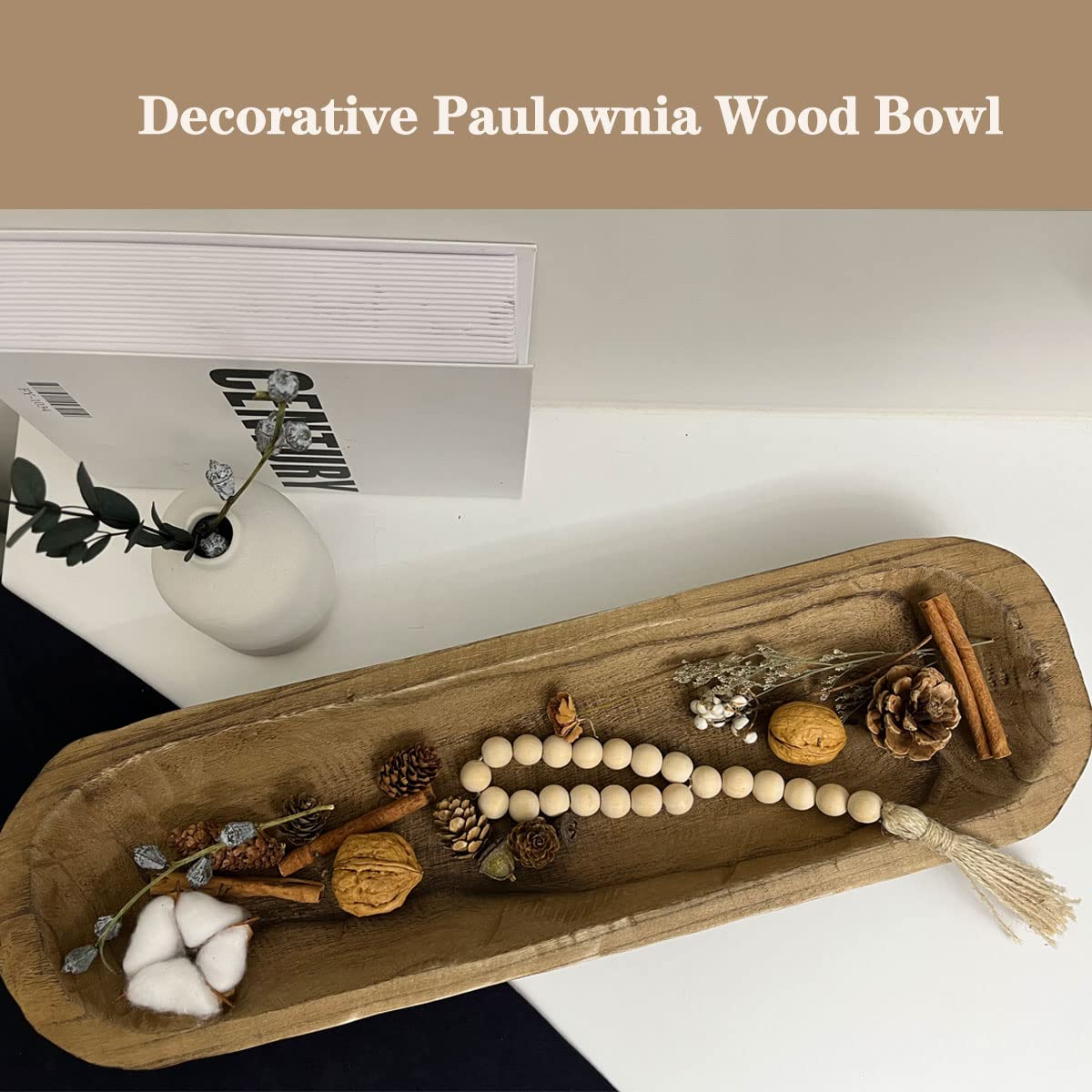 BEDAZE Wooden Dough Bowls Decorative，Rustic Bread Long Bowls Decor Wood Tray, Hand Carved For Table Centerpiece Decor, Home Decor (20 * 6 * 2 inch Brown)