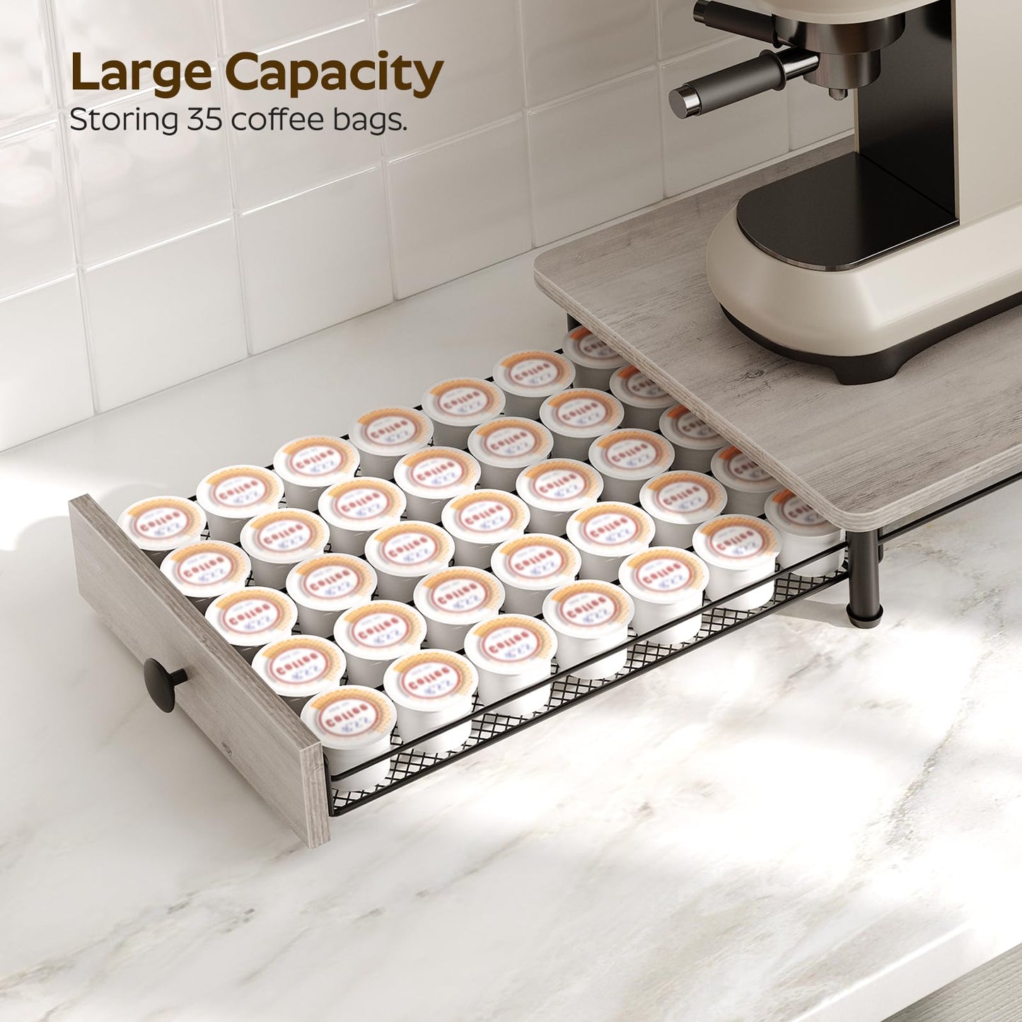YATINEY Coffee Pod Drawer Holder, Coffee Pod Storage for K Cup, 35 Capacity Coffee Capsules Storage Organizer, Sliding Mesh Basket, for Kitchen, Greige and Black KH08BG