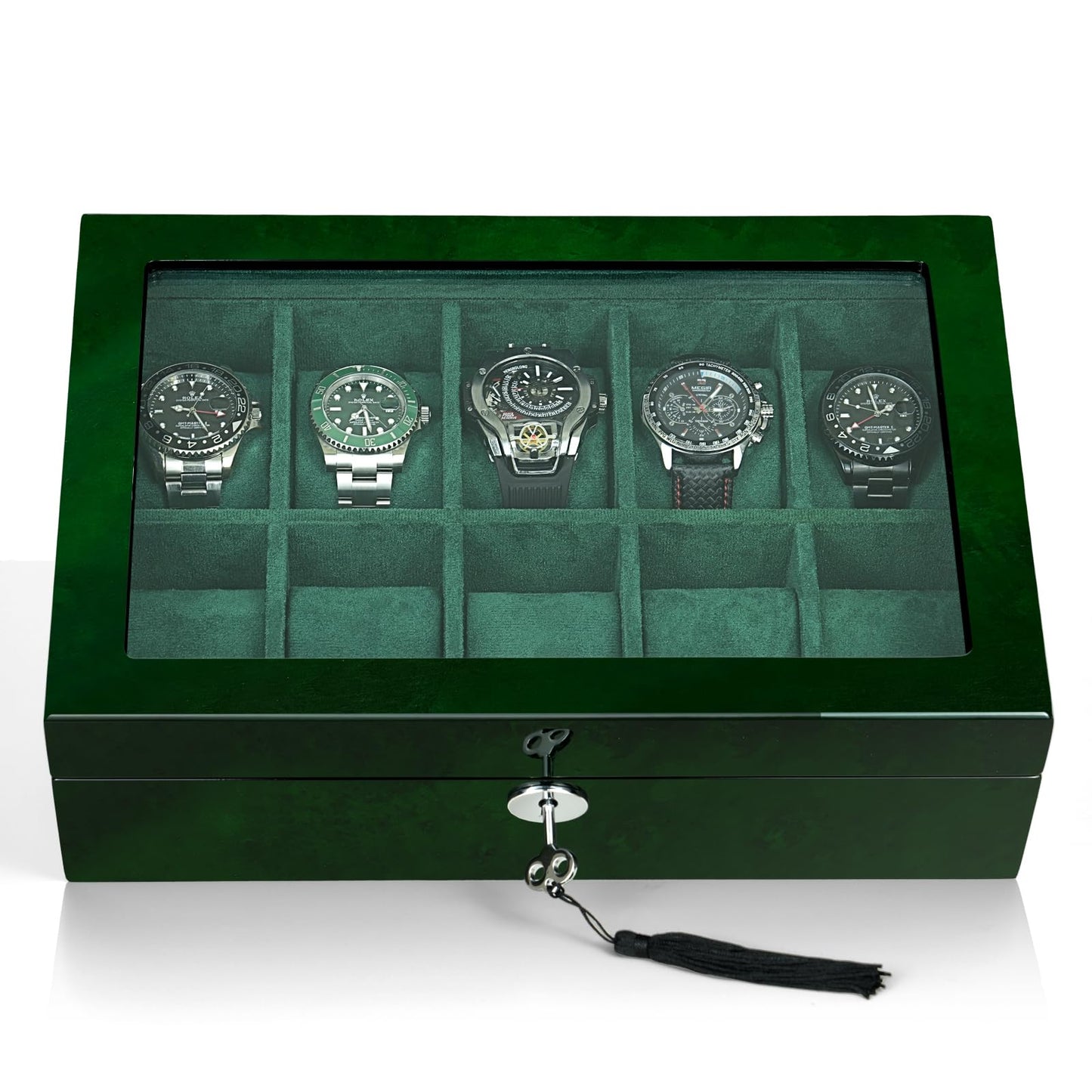 SYENS Watch Box for Men 10 Watches Storage Organizer Case, Smart Watch Display, Green Wood with Soft Suede Interior, Large Glass Window, Gift for Women and Man (10W-GR)