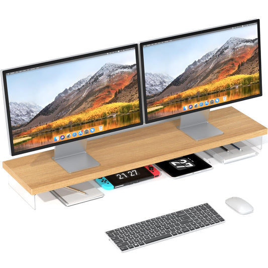 SSWOOD Dual Monitor Stand Riser, 40" Large Computer Monitor Stands for 2 Monitors, Wooden Desktop Organizer Shelf for Office Desk Computer, Laptop, TV, Monitor, Printer