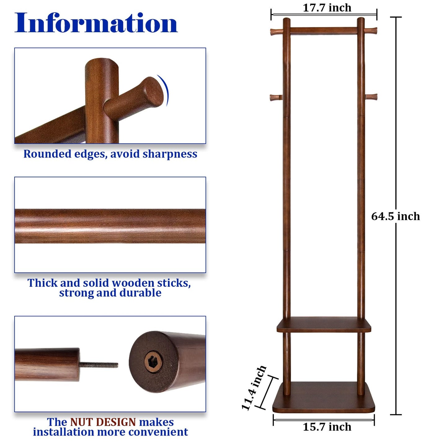 GZQXHOME Coat Rack,Wooden Coat Rack Freestanding,Standing Coat Racks Tree Clothes Hanger Stand with Stury Base for Entryway, Livingroom, Bedroom,Easy to Assemble(Brown)